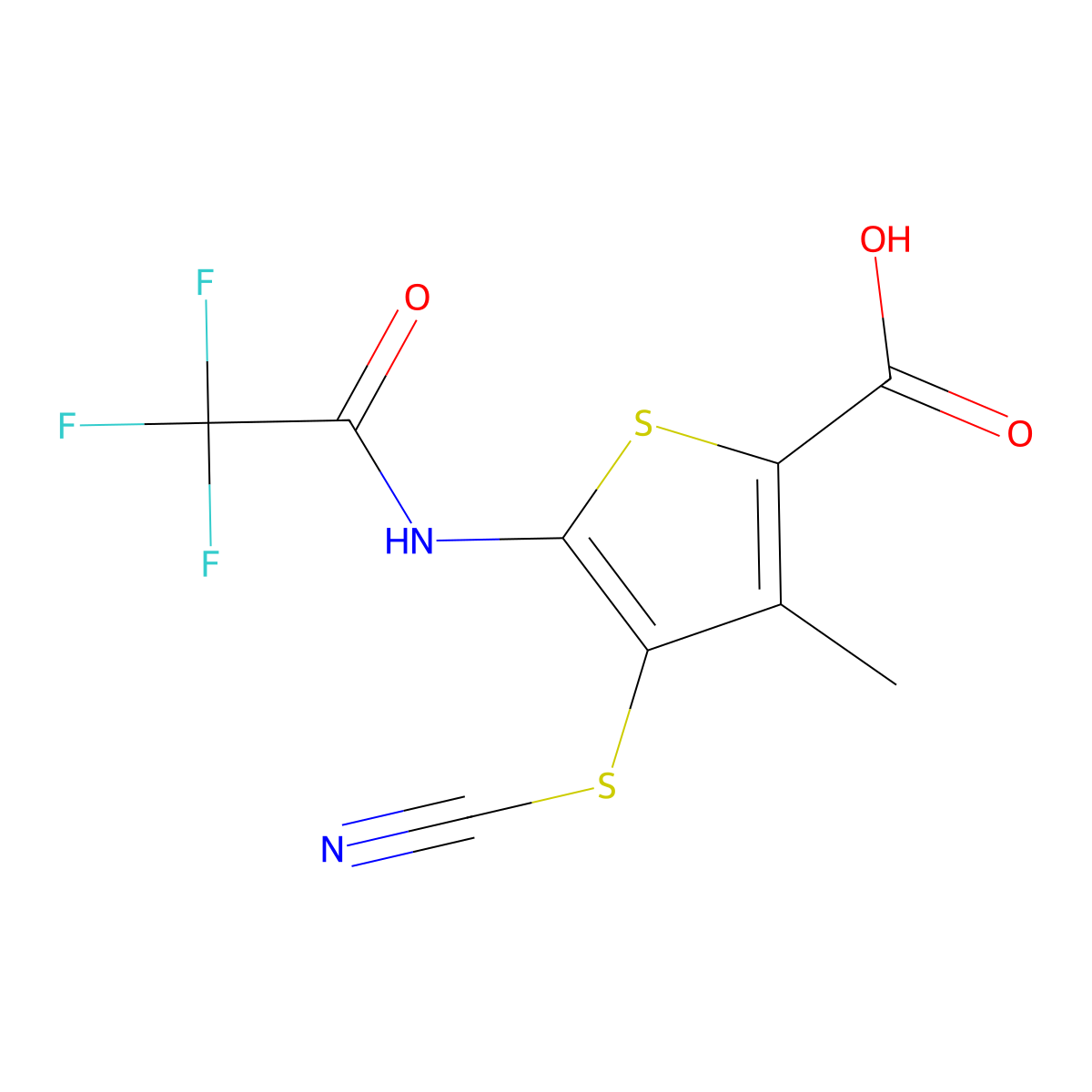 4-(Cyanosulfanyl)-3-methyl-5-(2,2,2-trifluoroacetamido)thiophene-2-carboxylic acid molecular structure, CAS 2680842-48-0
