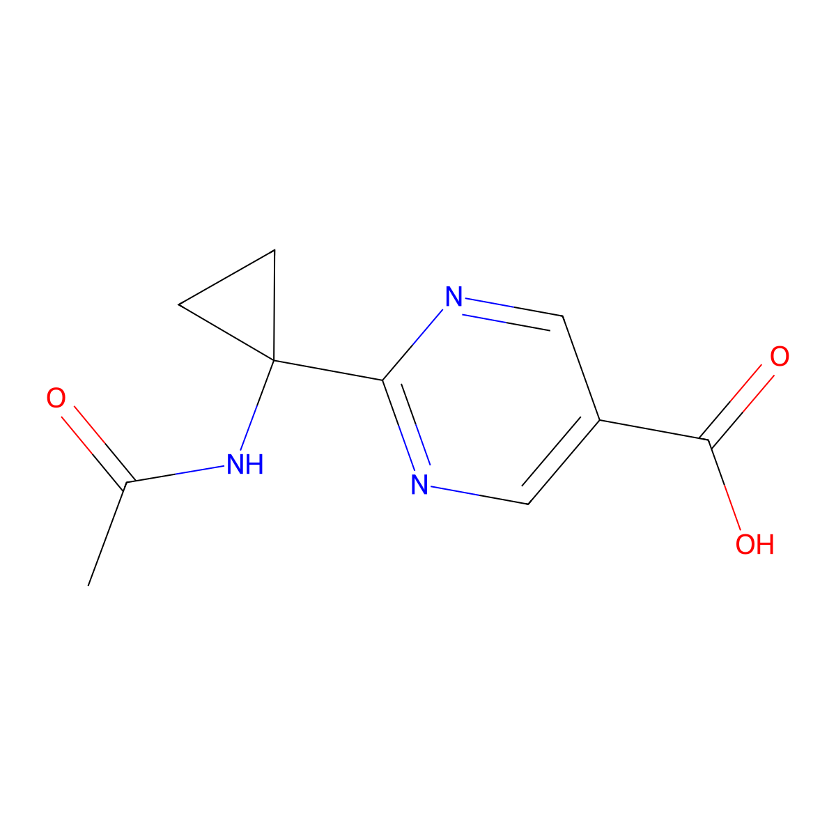 2-(1-Acetamidocyclopropyl)pyrimidine-5-carboxylic acid molecular structure, CAS 2680844-31-7