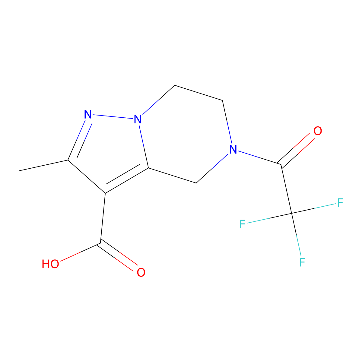 2-methyl-5-(2,2,2-trifluoroacetyl)-4H,5H,6H,7H-pyrazolo[1,5-a]pyrazine-3-carboxylic acid molecular structure, CAS 2680844-64-6
