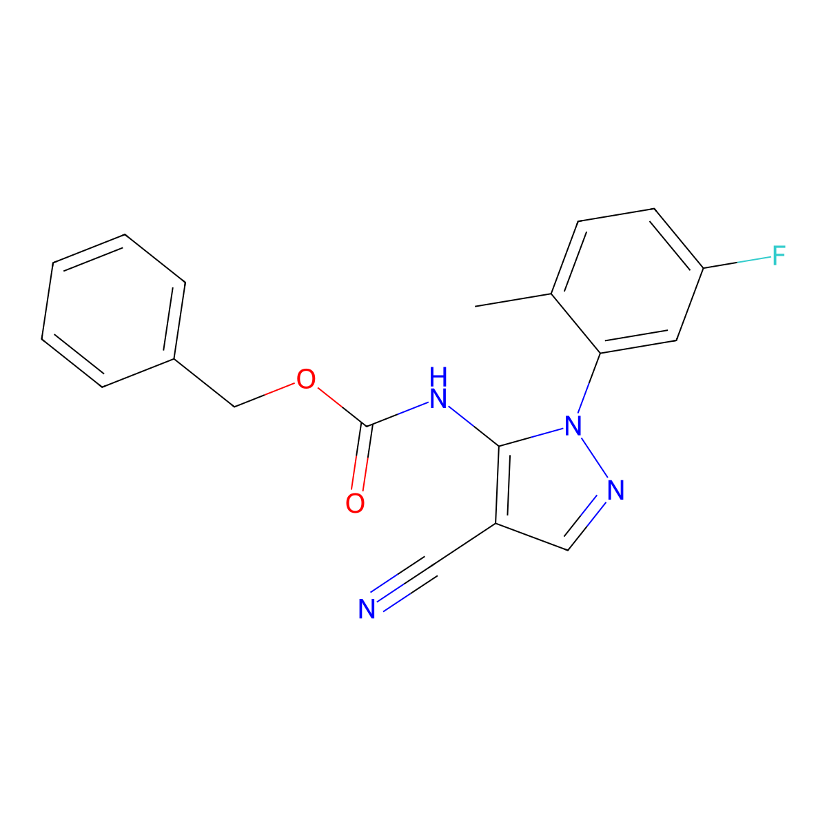 benzyl N-[4-cyano-1-(5-fluoro-2-methylphenyl)-1H-pyrazol-5-yl]carbamate molecular structure, CAS 2680845-16-1