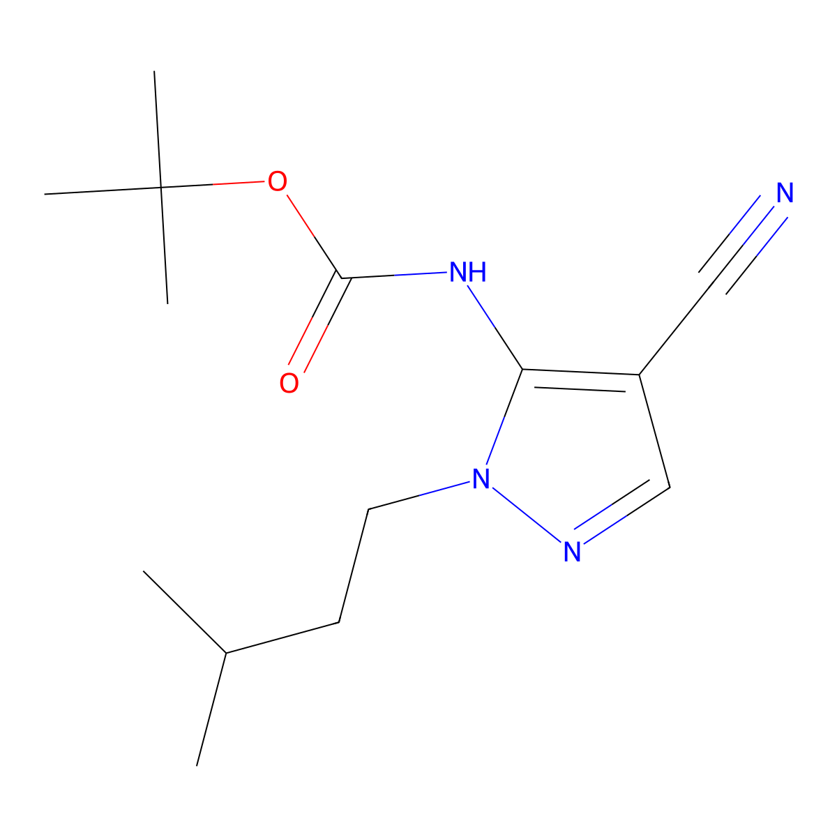 tert-butyl N-[4-cyano-1-(3-methylbutyl)-1H-pyrazol-5-yl]carbamate molecular structure, CAS 2680847-17-8