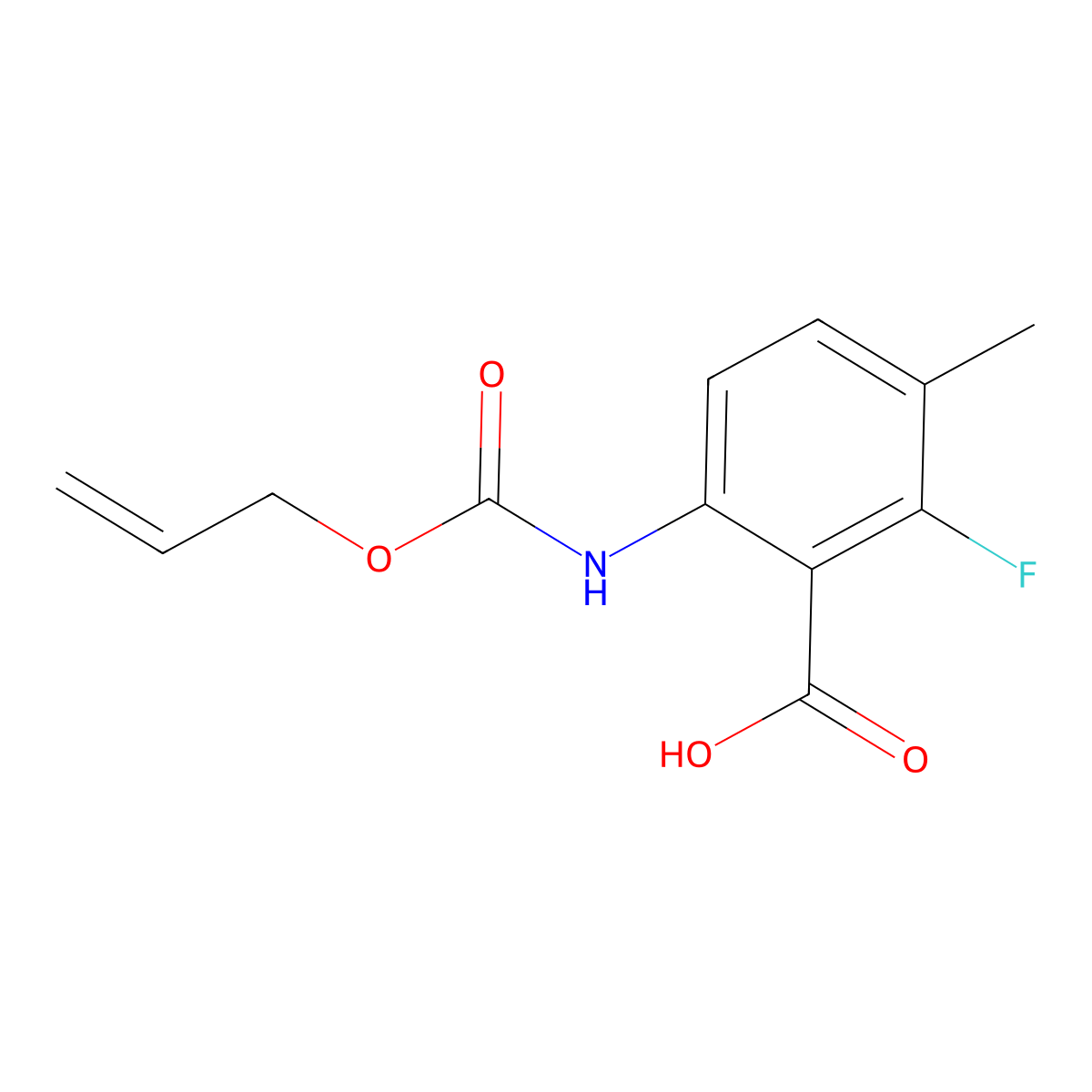 2-Fluoro-3-methyl-6-{[(prop-2-en-1-yloxy)carbonyl]amino}benzoic acid molecular structure, CAS 2680847-43-0
