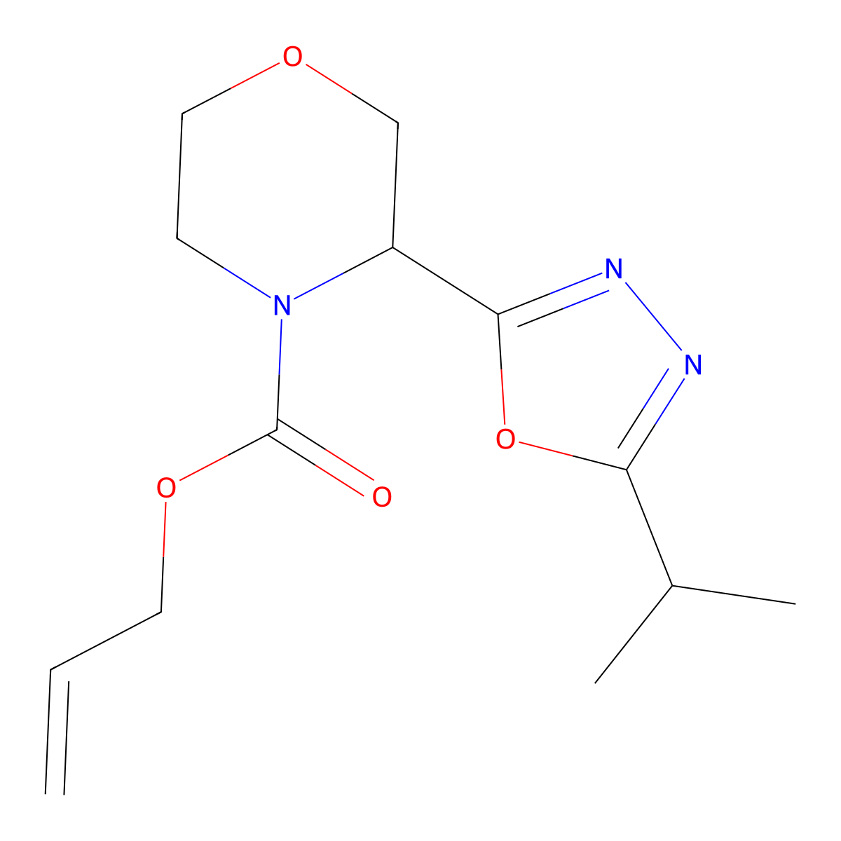 Prop-2-en-1-yl 3-[5-(propan-2-yl)-1,3,4-oxadiazol-2-yl]morpholine-4-carboxylate molecular structure, CAS 2680847-87-2