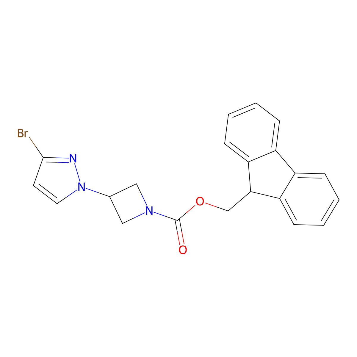 (9H-fluoren-9-yl)methyl 3-(3-bromo-1H-pyrazol-1-yl)azetidine-1-carboxylate molecular structure, CAS 2680848-55-7