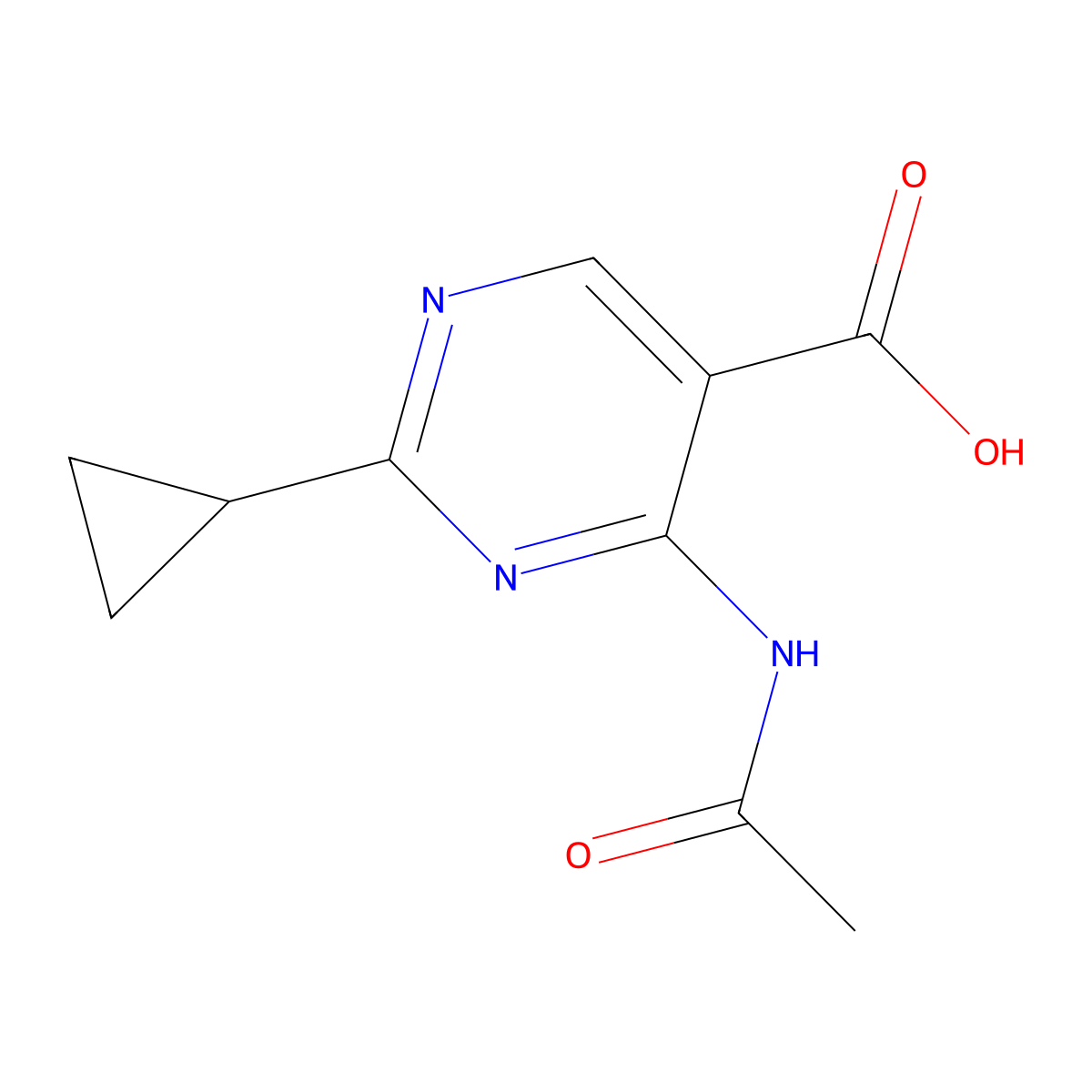 2-Cyclopropyl-4-acetamidopyrimidine-5-carboxylic acid molecular structure, CAS 2680848-56-8