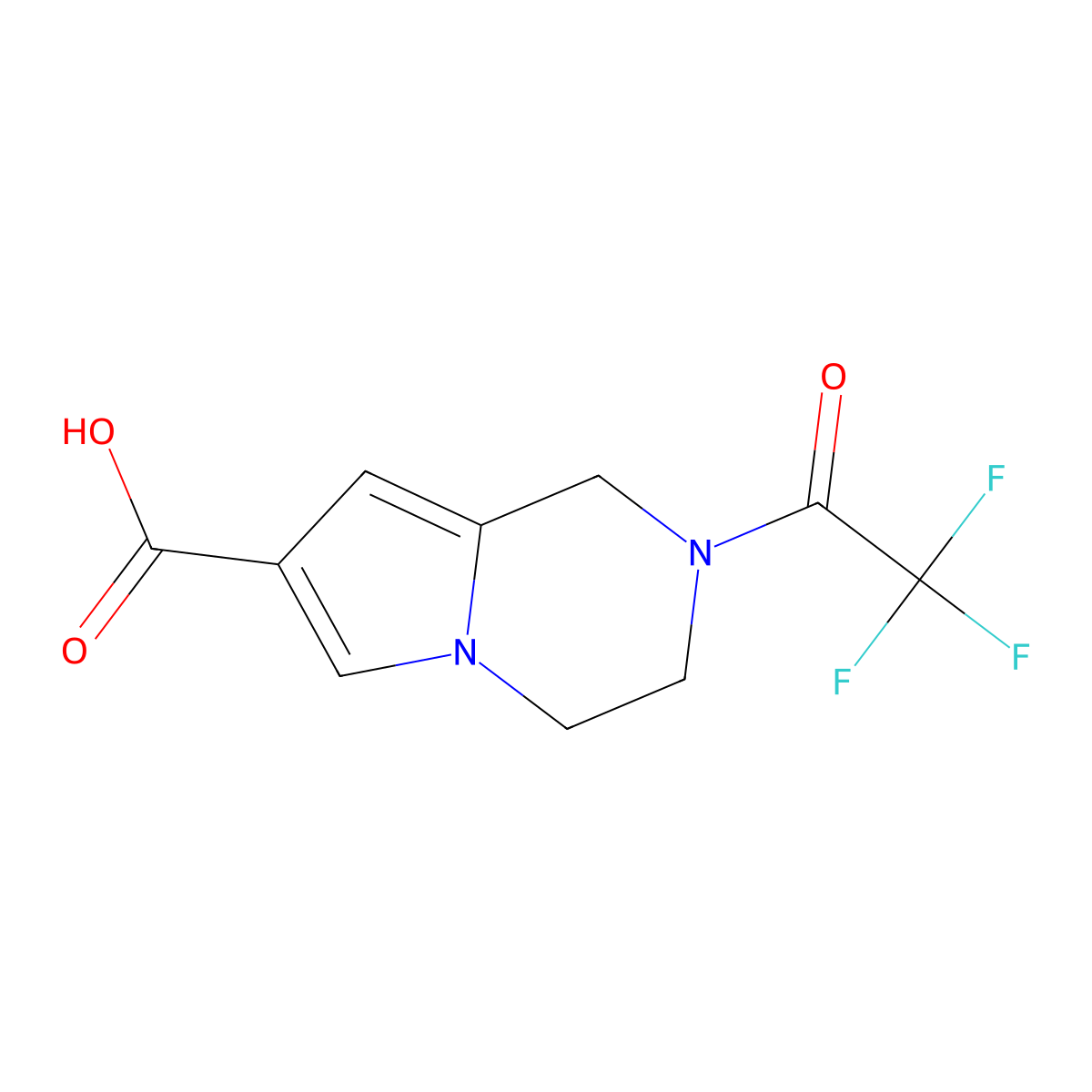 2-(2,2,2-trifluoroacetyl)-1H,2H,3H,4H-pyrrolo[1,2-a]pyrazine-7-carboxylic acid molecular structure, CAS 2680850-43-3