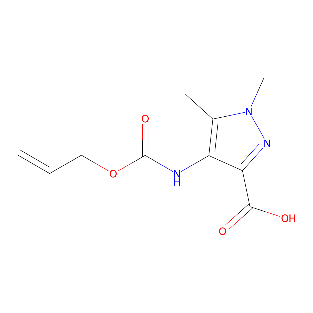 1,5-dimethyl-4-{[(prop-2-en-1-yloxy)carbonyl]amino}-1H-pyrazole-3-carboxylic acid molecular structure, CAS 2680851-67-4