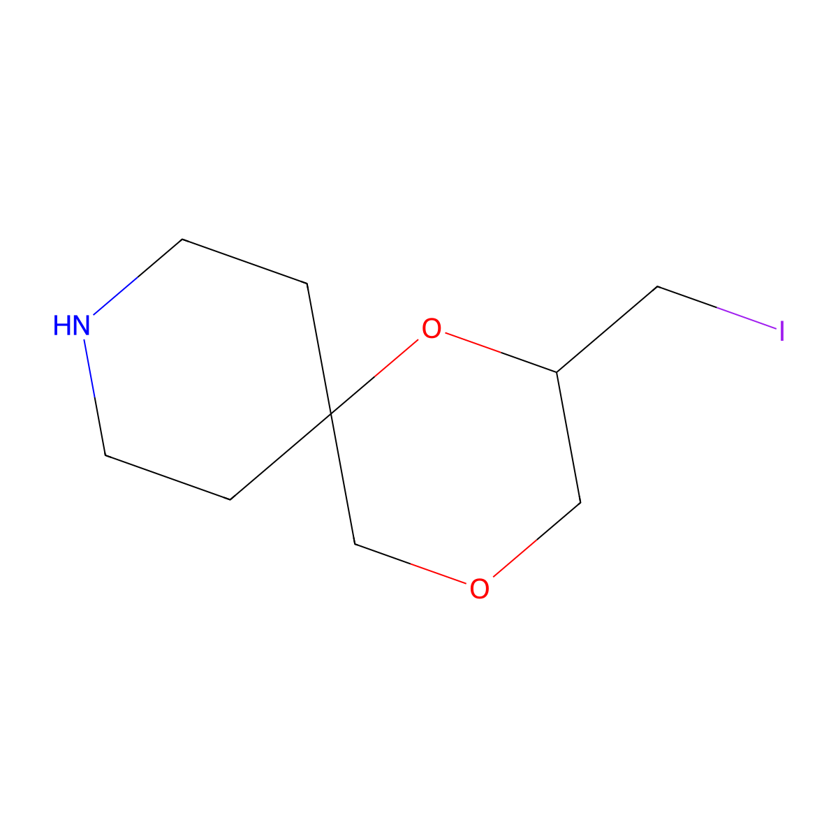 2-(Iodomethyl)-1,4-dioxa-9-azaspiro[5.5]undecane molecular structure, CAS 2680852-93-9