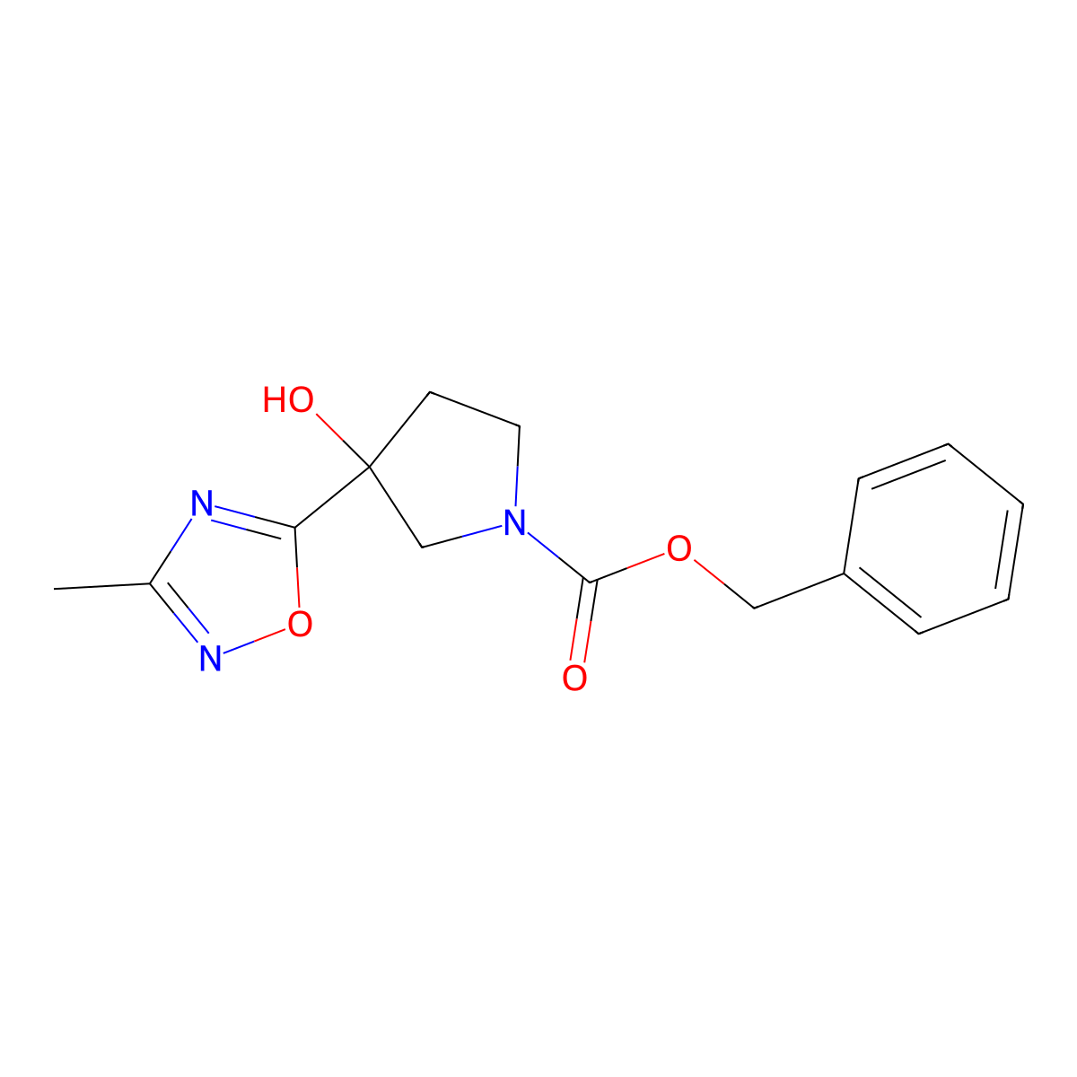 Benzyl 3-hydroxy-3-(3-methyl-1,2,4-oxadiazol-5-yl)pyrrolidine-1-carboxylate molecular structure, CAS 2680853-01-2