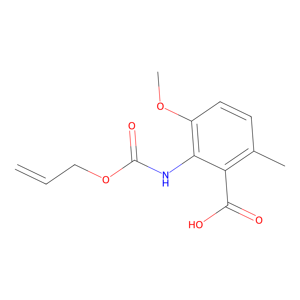 3-Methoxy-6-methyl-2-{[(prop-2-en-1-yloxy)carbonyl]amino}benzoic acid molecular structure, CAS 2680853-78-3