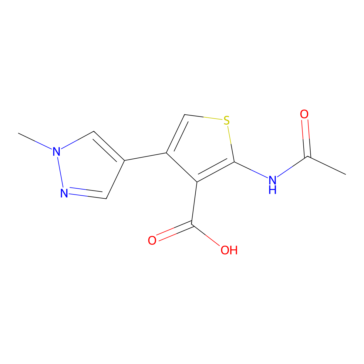 2-acetamido-4-(1-methyl-1H-pyrazol-4-yl)thiophene-3-carboxylic acid molecular structure, CAS 2680854-81-1