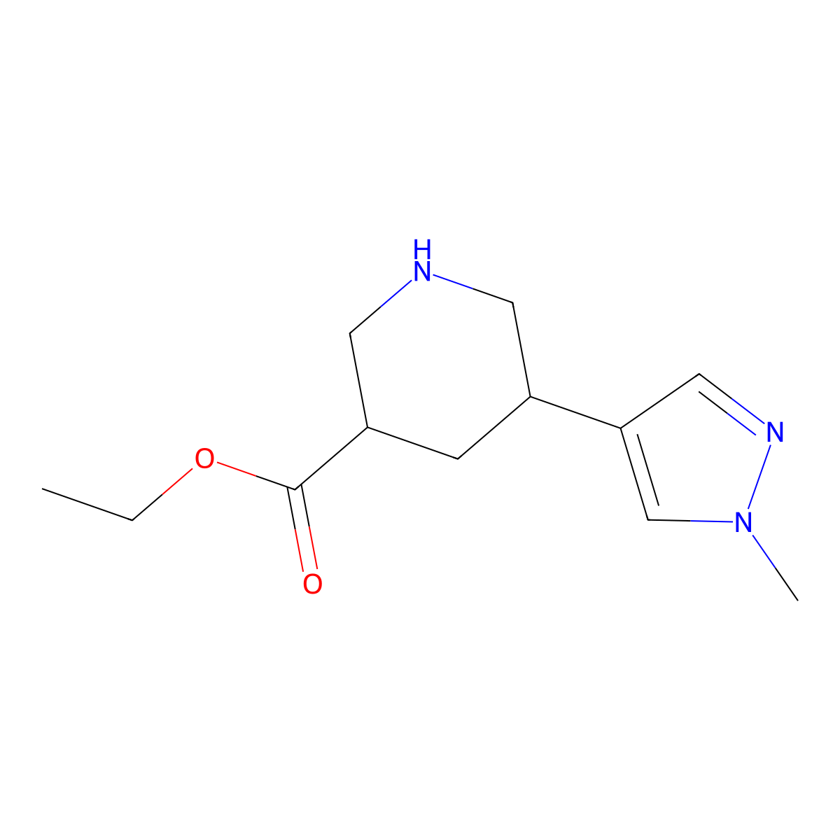 ethyl 5-(1-methyl-1H-pyrazol-4-yl)piperidine-3-carboxylate molecular structure, CAS 2680856-44-2