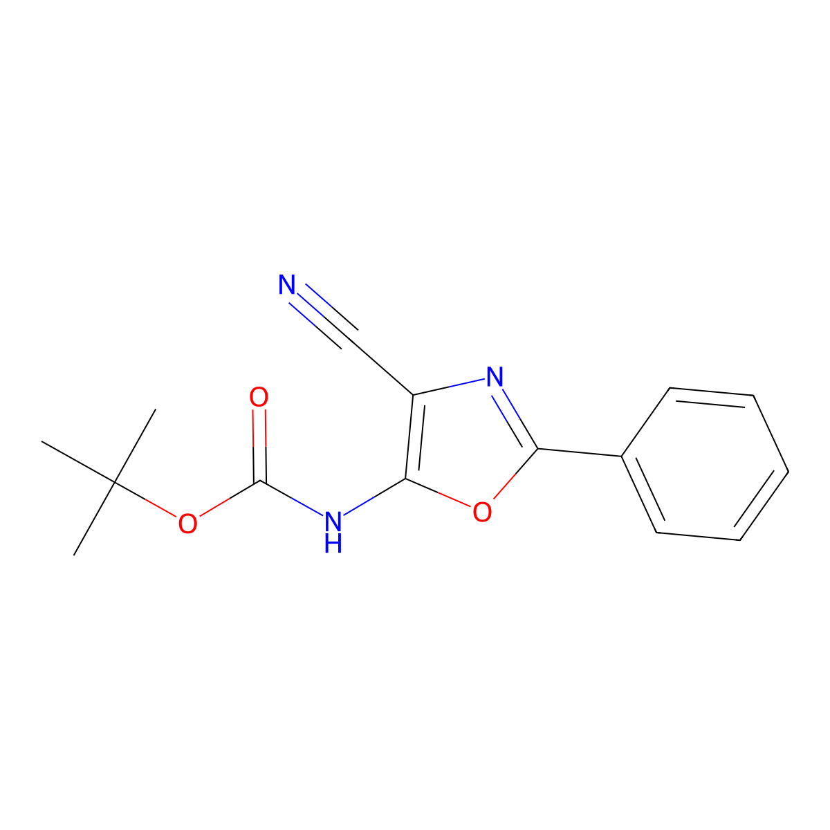 tert-butyl N-(4-cyano-2-phenyl-1,3-oxazol-5-yl)carbamate molecular structure, CAS 2680857-30-9