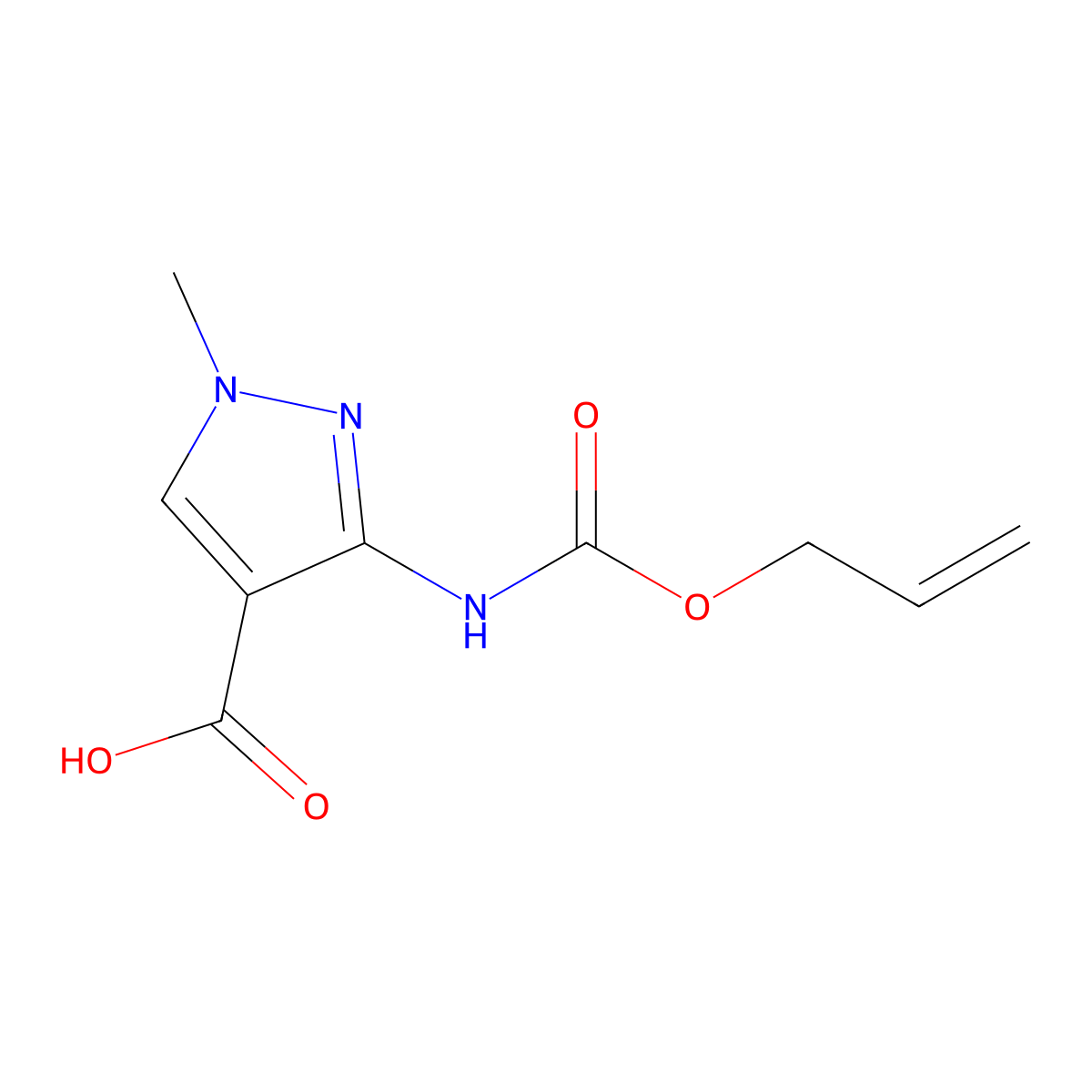 1-methyl-3-{[(prop-2-en-1-yloxy)carbonyl]amino}-1H-pyrazole-4-carboxylic acid molecular structure, CAS 2680857-43-4