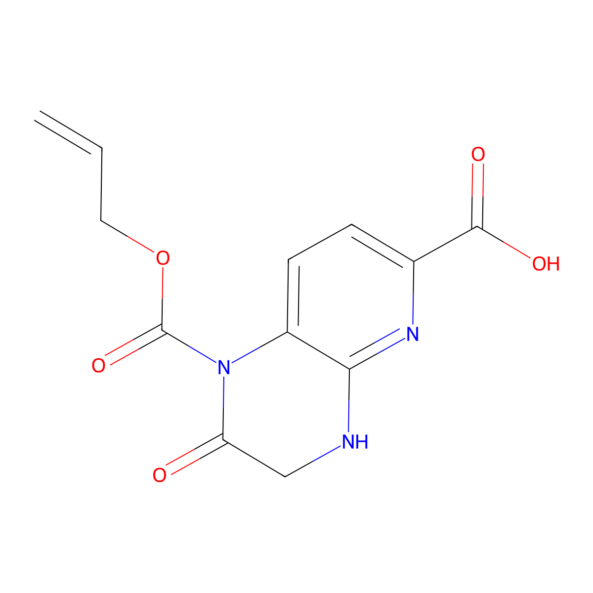 2-oxo-1-[(prop-2-en-1-yloxy)carbonyl]-1H,2H,3H,4H-pyrido[2,3-b]pyrazine-6-carboxylic acid molecular structure, CAS 2680857-76-3