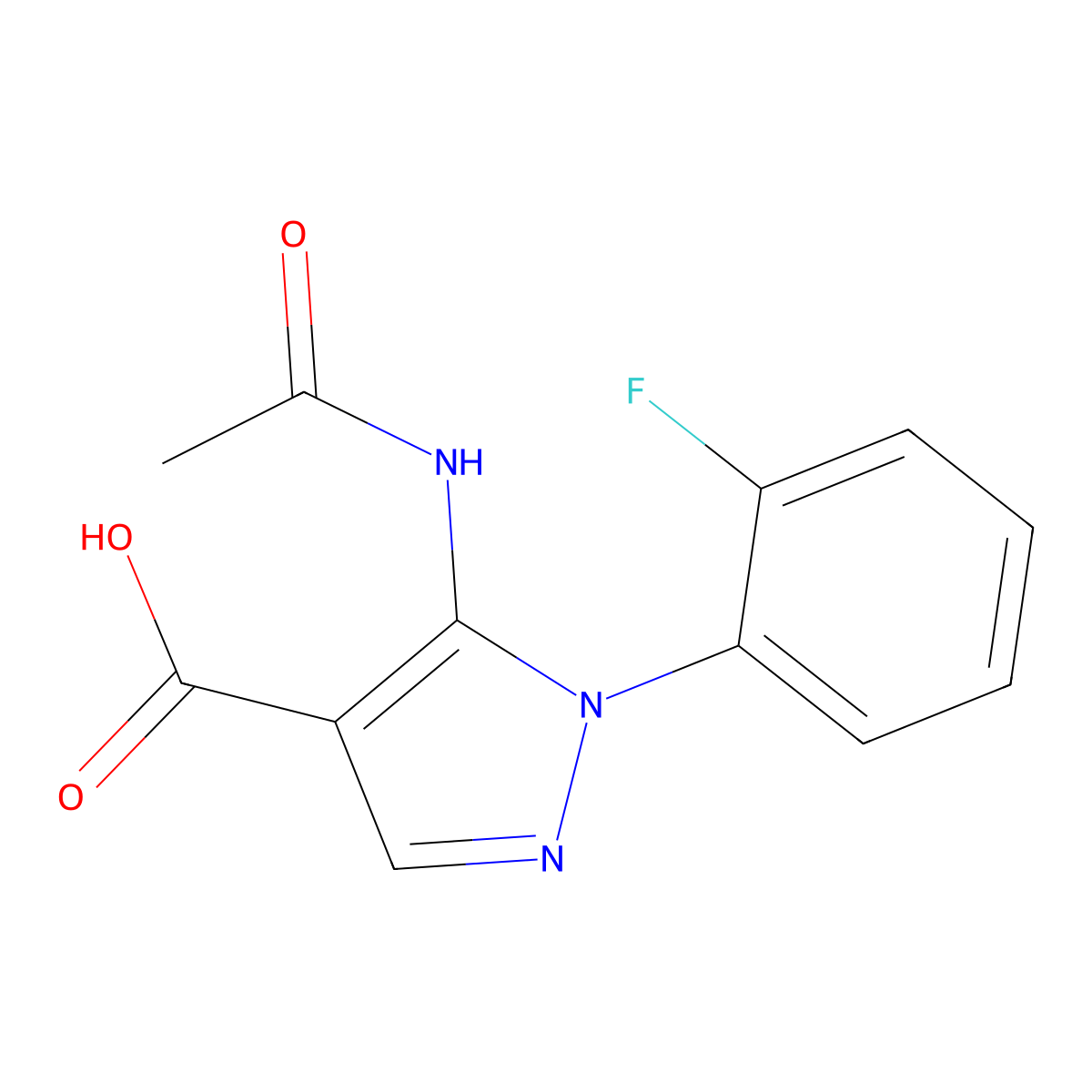 5-acetamido-1-(2-fluorophenyl)-1H-pyrazole-4-carboxylic acid molecular structure, CAS 2680857-78-5