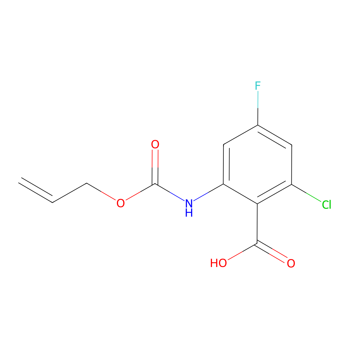 2-Chloro-4-fluoro-6-{[(prop-2-en-1-yloxy)carbonyl]amino}benzoic acid molecular structure, CAS 2680858-41-5
