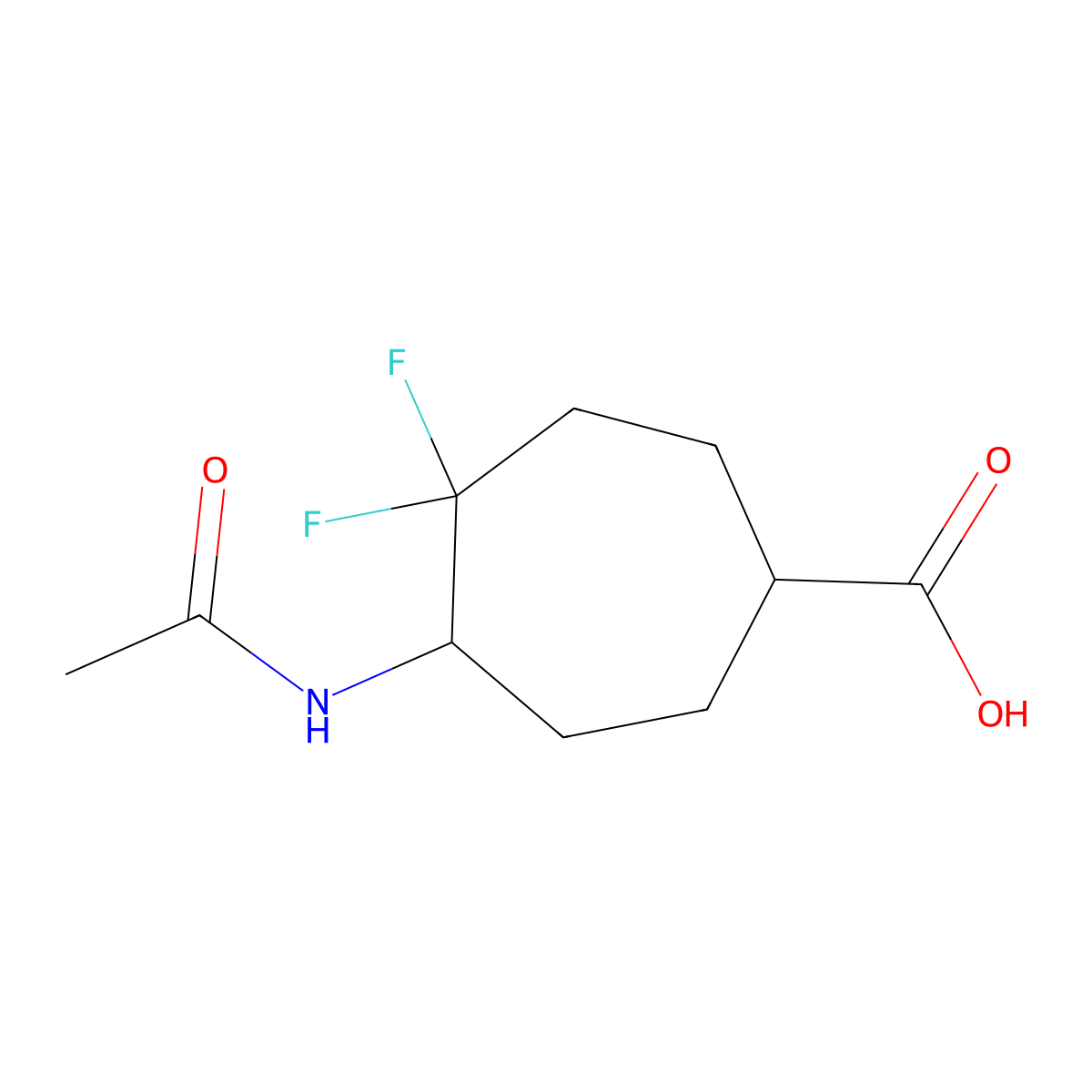 5-Acetamido-4,4-difluorocycloheptane-1-carboxylic acid molecular structure, CAS 2680859-01-0