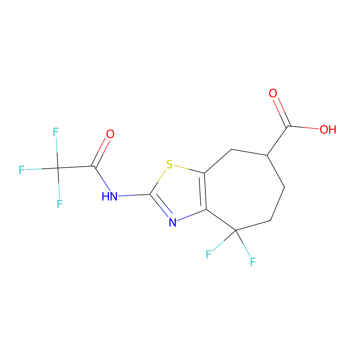 4,4-difluoro-2-(2,2,2-trifluoroacetamido)-4H,5H,6H,7H,8H-cyclohepta[d][1,3]thiazole-7-carboxylic acid molecular structure, CAS 2680859-37-2