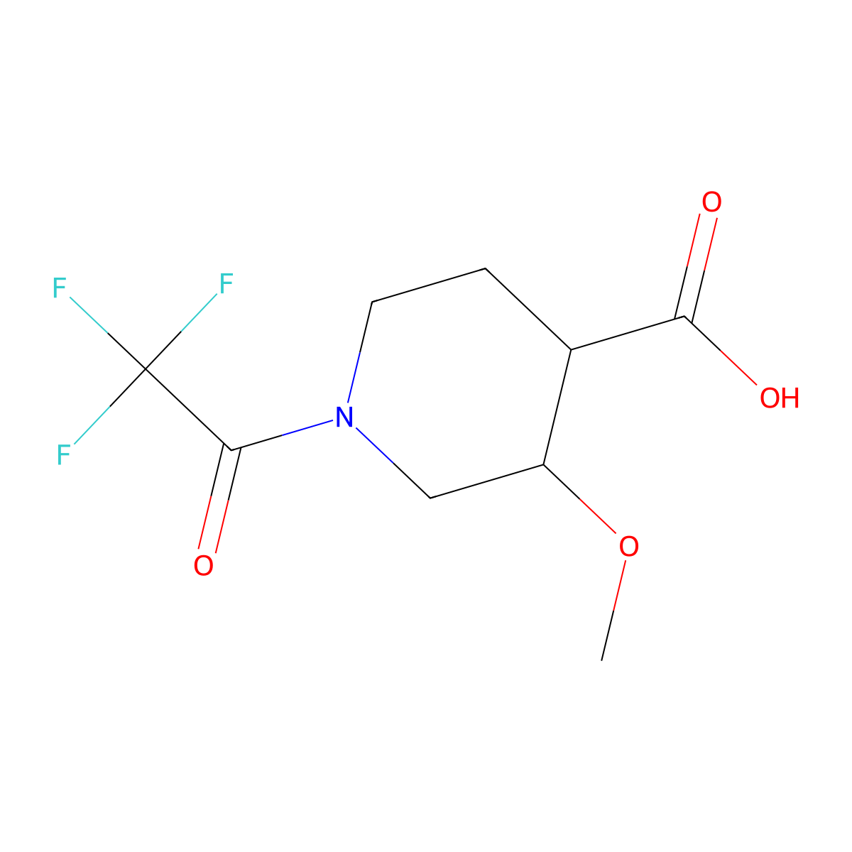 3-Methoxy-1-(trifluoroacetyl)piperidine-4-carboxylic acid molecular structure, CAS 2680860-04-0