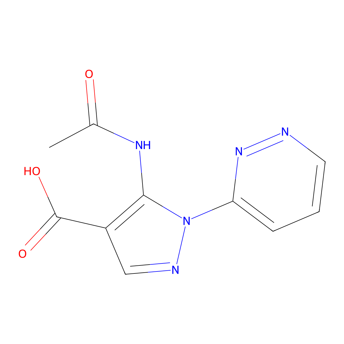 5-acetamido-1-(pyridazin-3-yl)-1H-pyrazole-4-carboxylic acid molecular structure, CAS 2680860-65-3