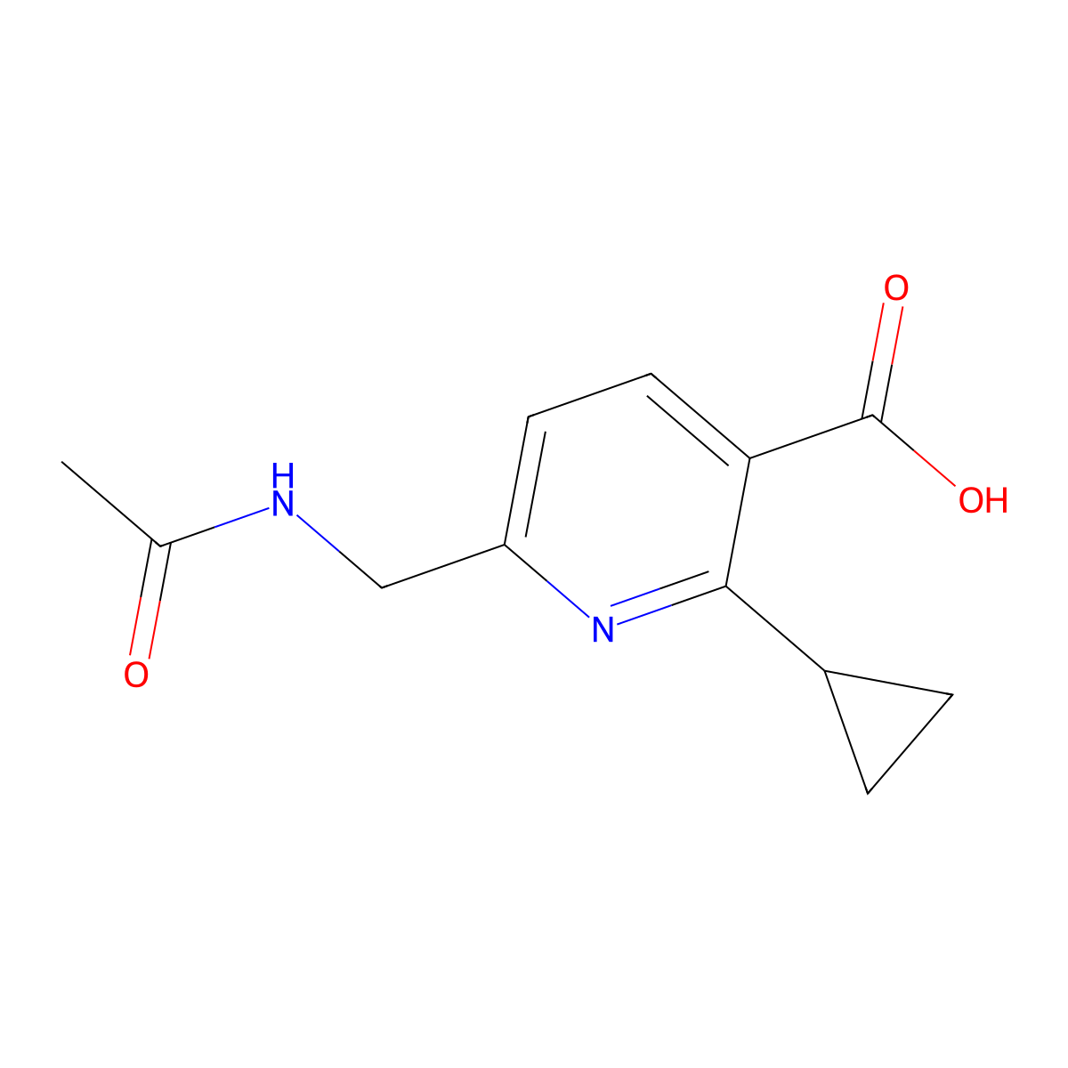 2-Cyclopropyl-6-(acetamidomethyl)pyridine-3-carboxylic acid molecular structure, CAS 2680860-72-2