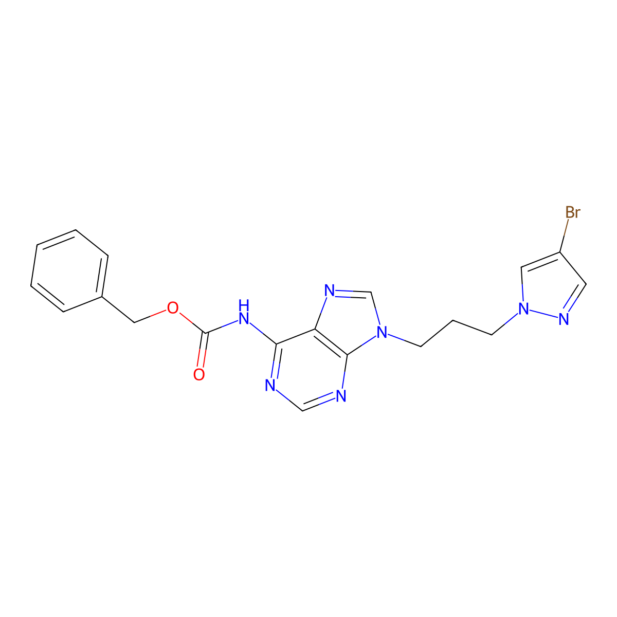 benzyl N-{9-[3-(4-bromo-1H-pyrazol-1-yl)propyl]-9H-purin-6-yl}carbamate molecular structure, CAS 2680860-94-8