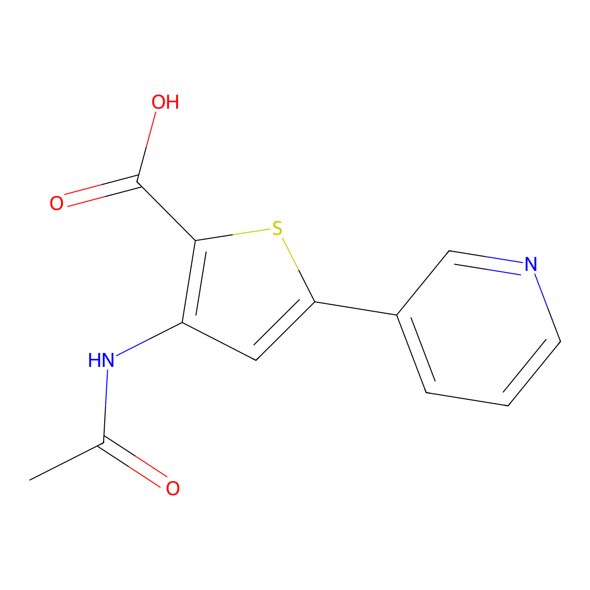 3-Acetamido-5-(pyridin-3-yl)thiophene-2-carboxylic acid molecular structure, CAS 2680861-84-9