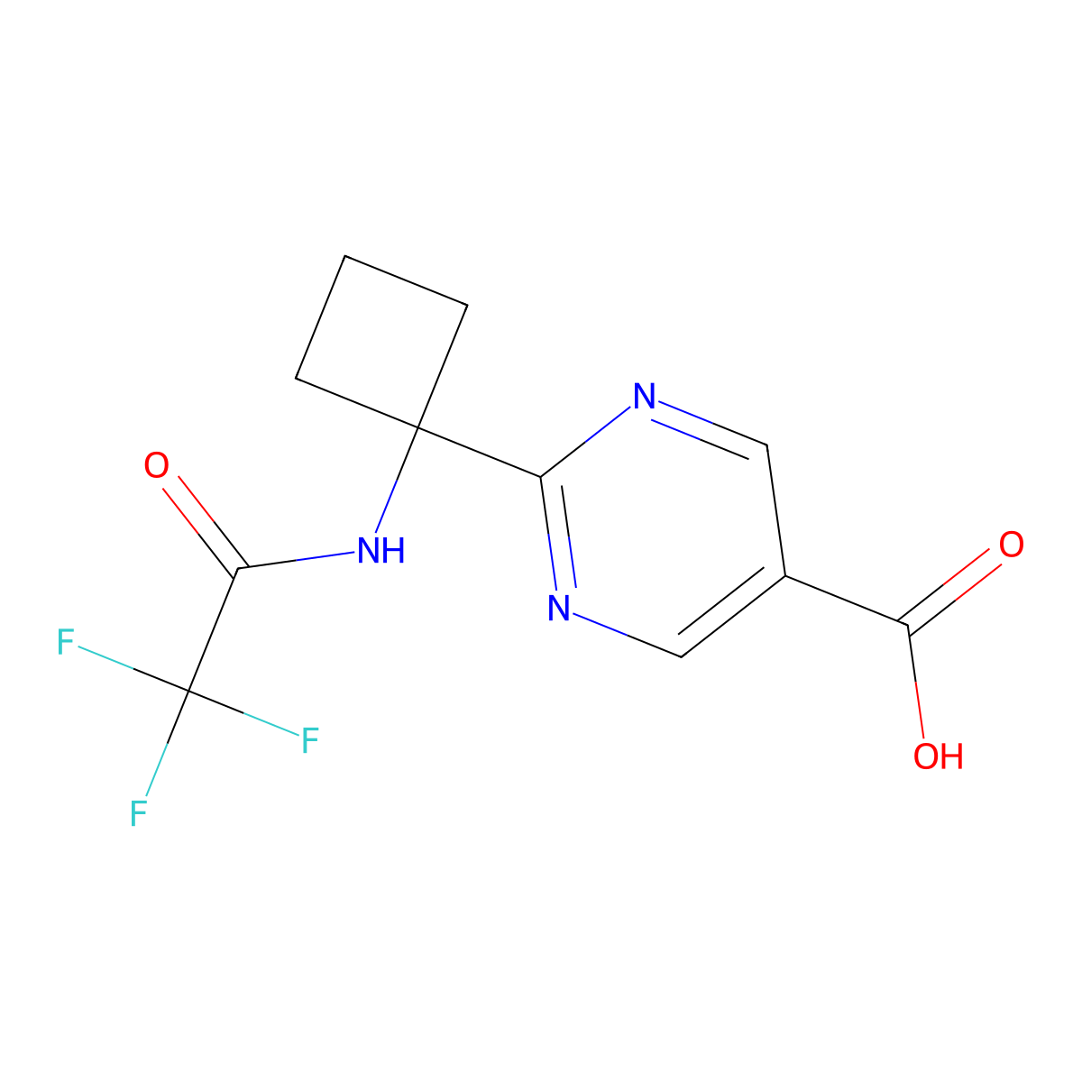 2-[1-(2,2,2-Trifluoroacetamido)cyclobutyl]pyrimidine-5-carboxylic acid molecular structure, CAS 2680862-20-6