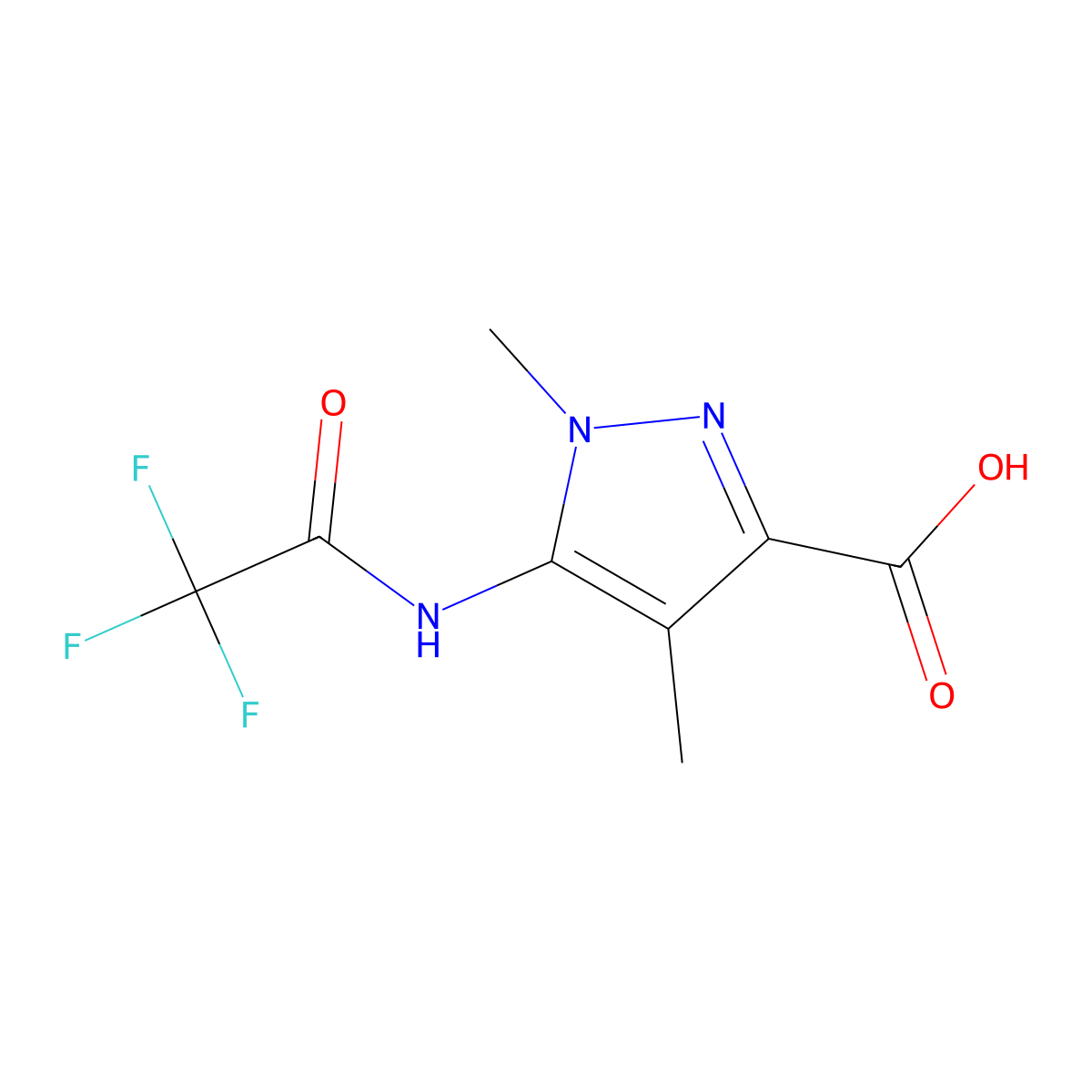 1,4-dimethyl-5-(2,2,2-trifluoroacetamido)-1H-pyrazole-3-carboxylic acid molecular structure, CAS 2680862-79-5