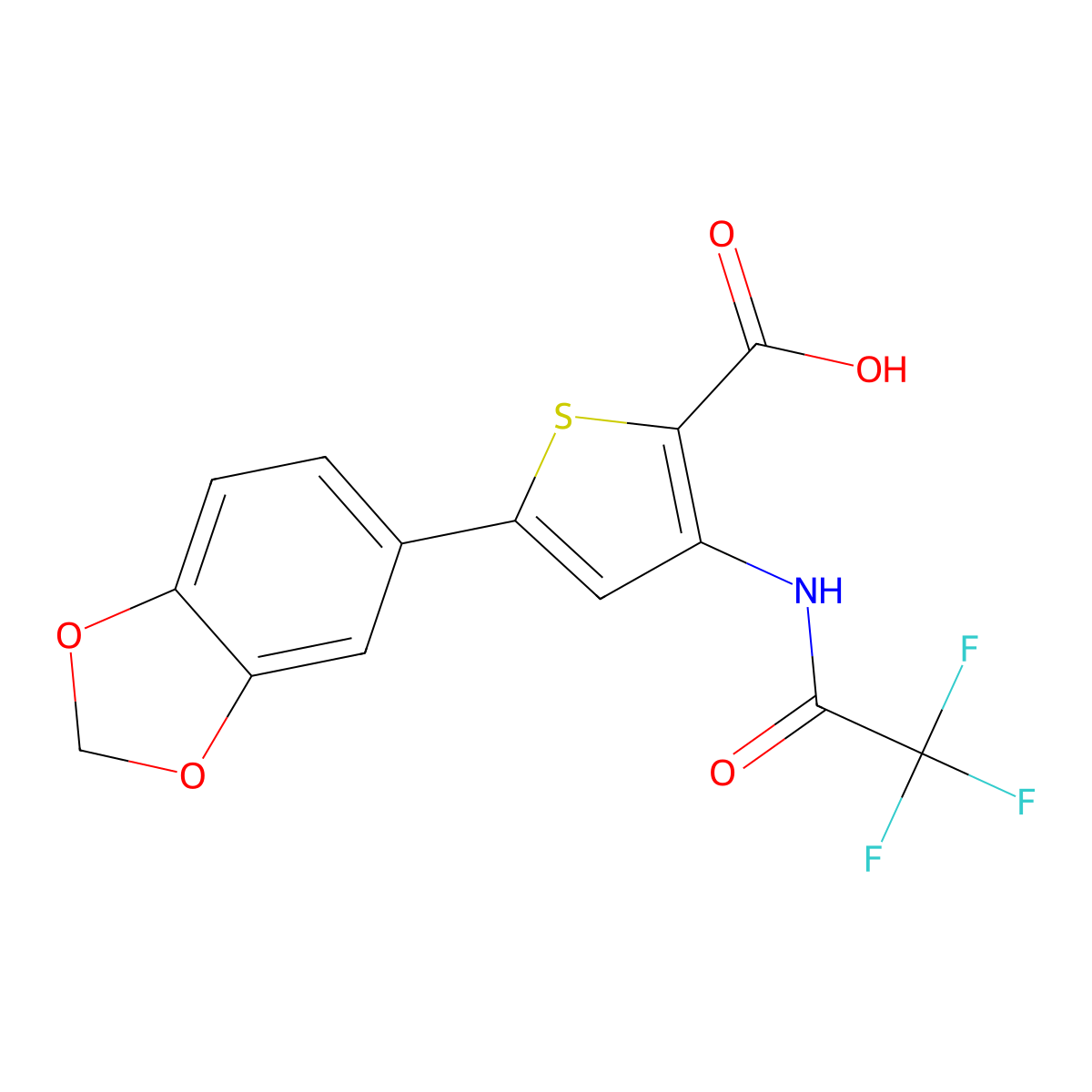 5-(1,3-Dioxaindan-5-yl)-3-(2,2,2-trifluoroacetamido)thiophene-2-carboxylic acid molecular structure, CAS 2680862-96-6