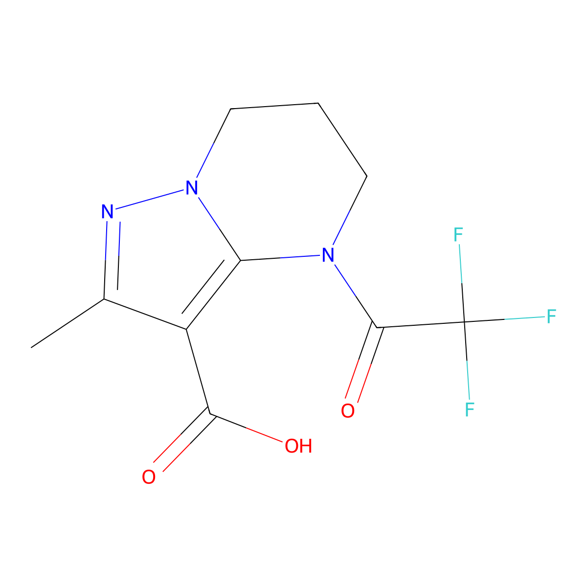 2-methyl-4-(2,2,2-trifluoroacetyl)-4H,5H,6H,7H-pyrazolo[1,5-a]pyrimidine-3-carboxylic acid molecular structure, CAS 2680863-18-5