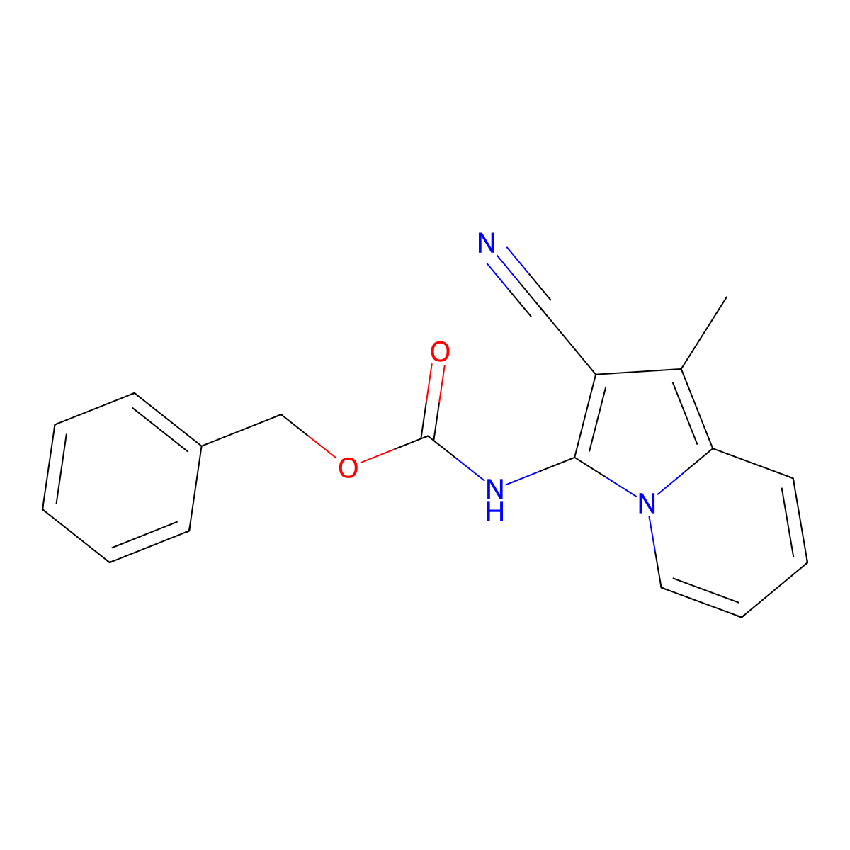 benzyl N-(2-cyano-1-methylindolizin-3-yl)carbamate molecular structure, CAS 2680863-24-3