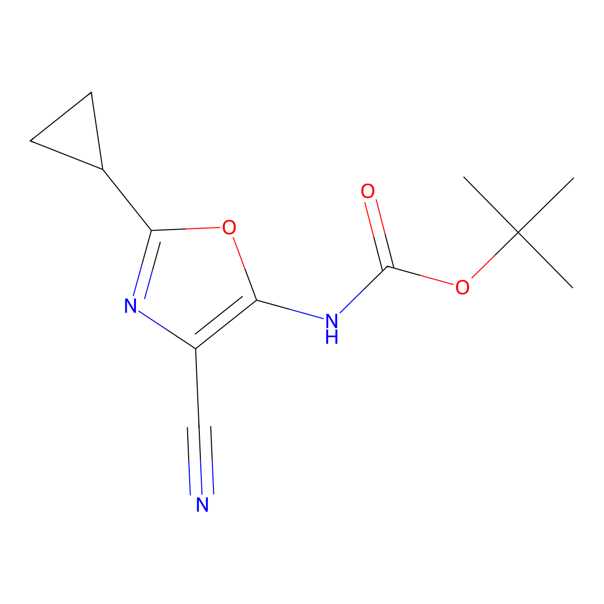 tert-butyl N-(4-cyano-2-cyclopropyl-1,3-oxazol-5-yl)carbamate molecular structure, CAS 2680863-28-7