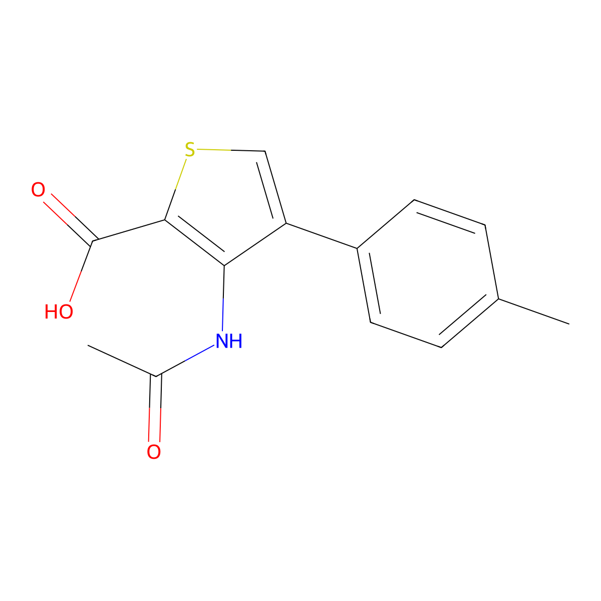 3-Acetamido-4-(4-methylphenyl)thiophene-2-carboxylic acid molecular structure, CAS 2680863-35-6