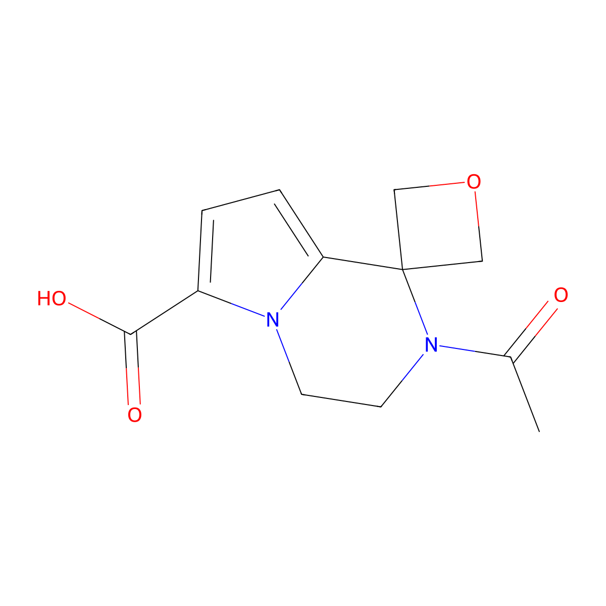 2'-acetyl-3',4'-dihydro-2'H-spiro[oxetane-3,1'-pyrrolo[1,2-a]pyrazine]-6'-carboxylic acid molecular structure, CAS 2680863-51-6