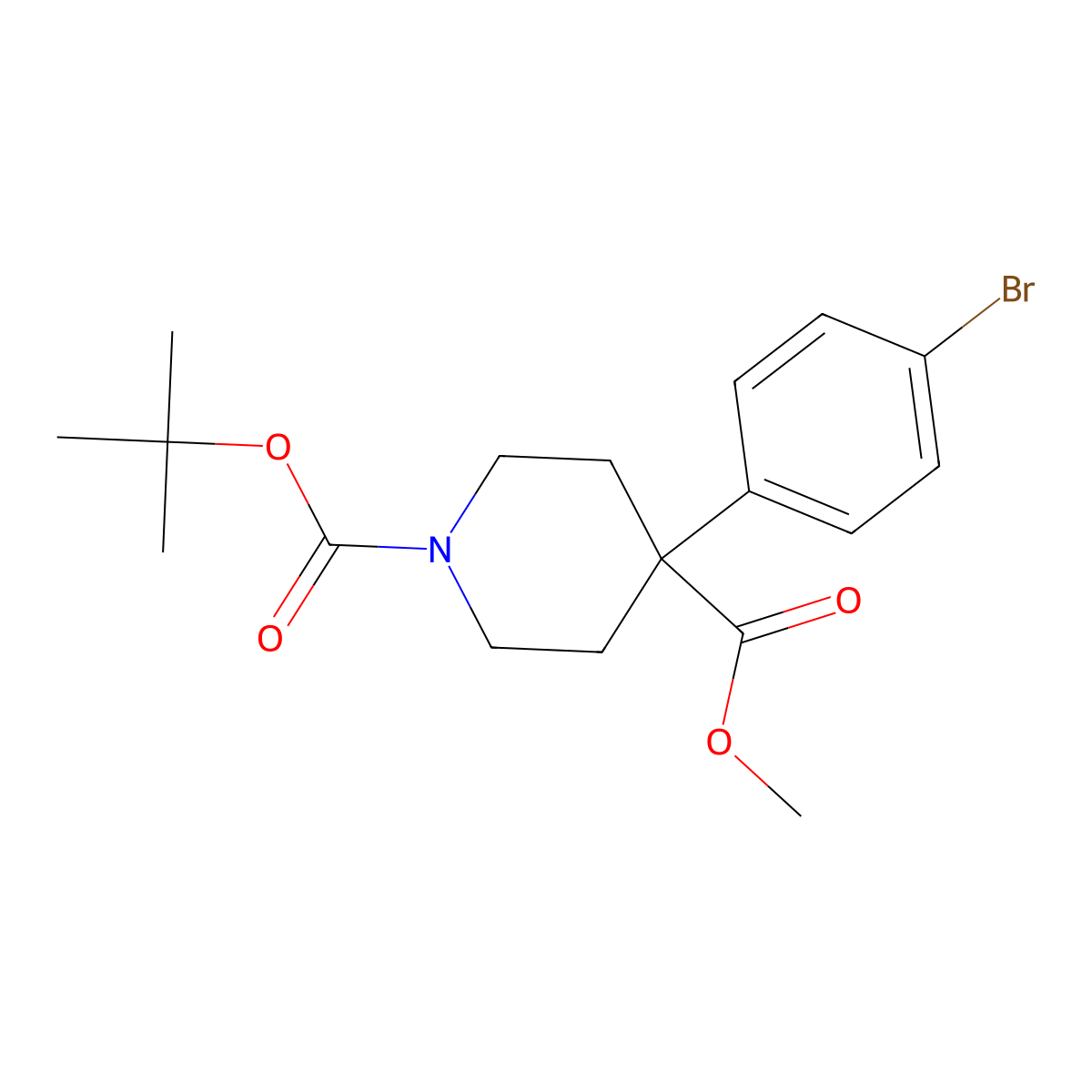 1-Tert-butyl 4-methyl 4-(4-bromophenyl)piperidine-1,4-dicarboxylate molecular structure, CAS 2680863-73-2