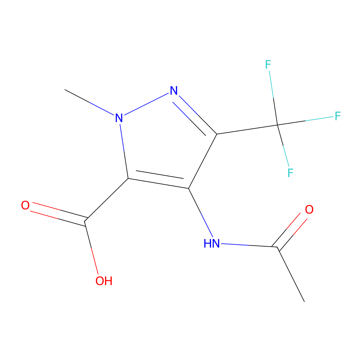 4-acetamido-1-methyl-3-(trifluoromethyl)-1H-pyrazole-5-carboxylic acid molecular structure, CAS 2680864-64-4