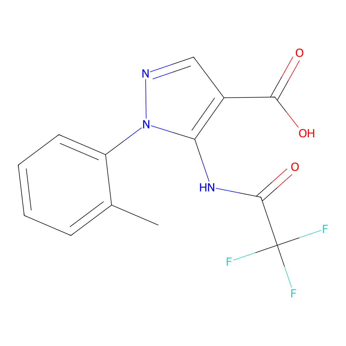 1-(2-methylphenyl)-5-(2,2,2-trifluoroacetamido)-1H-pyrazole-4-carboxylic acid molecular structure, CAS 2680865-09-0