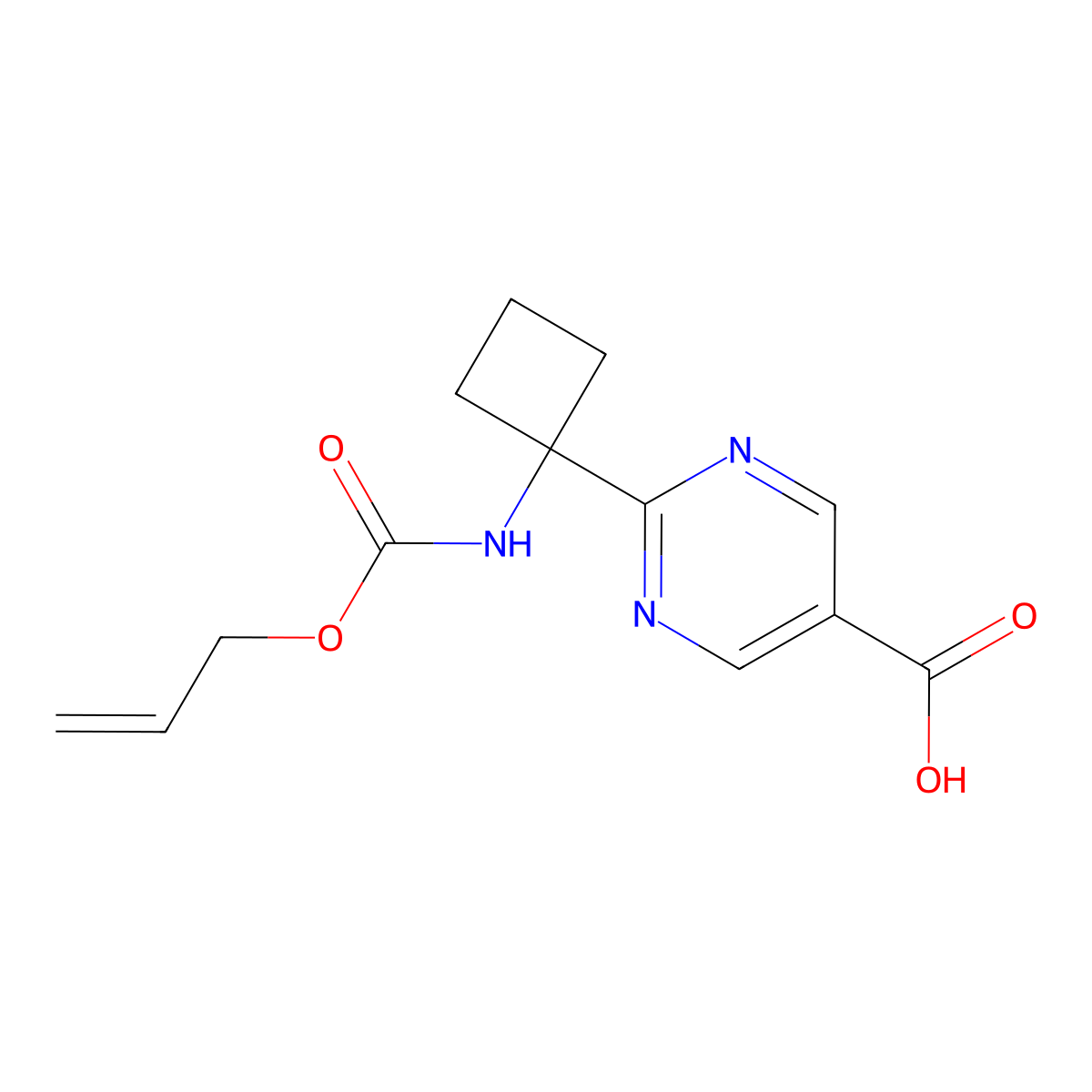 2-(1-{[(Prop-2-en-1-yloxy)carbonyl]amino}cyclobutyl)pyrimidine-5-carboxylic acid molecular structure, CAS 2680866-52-6