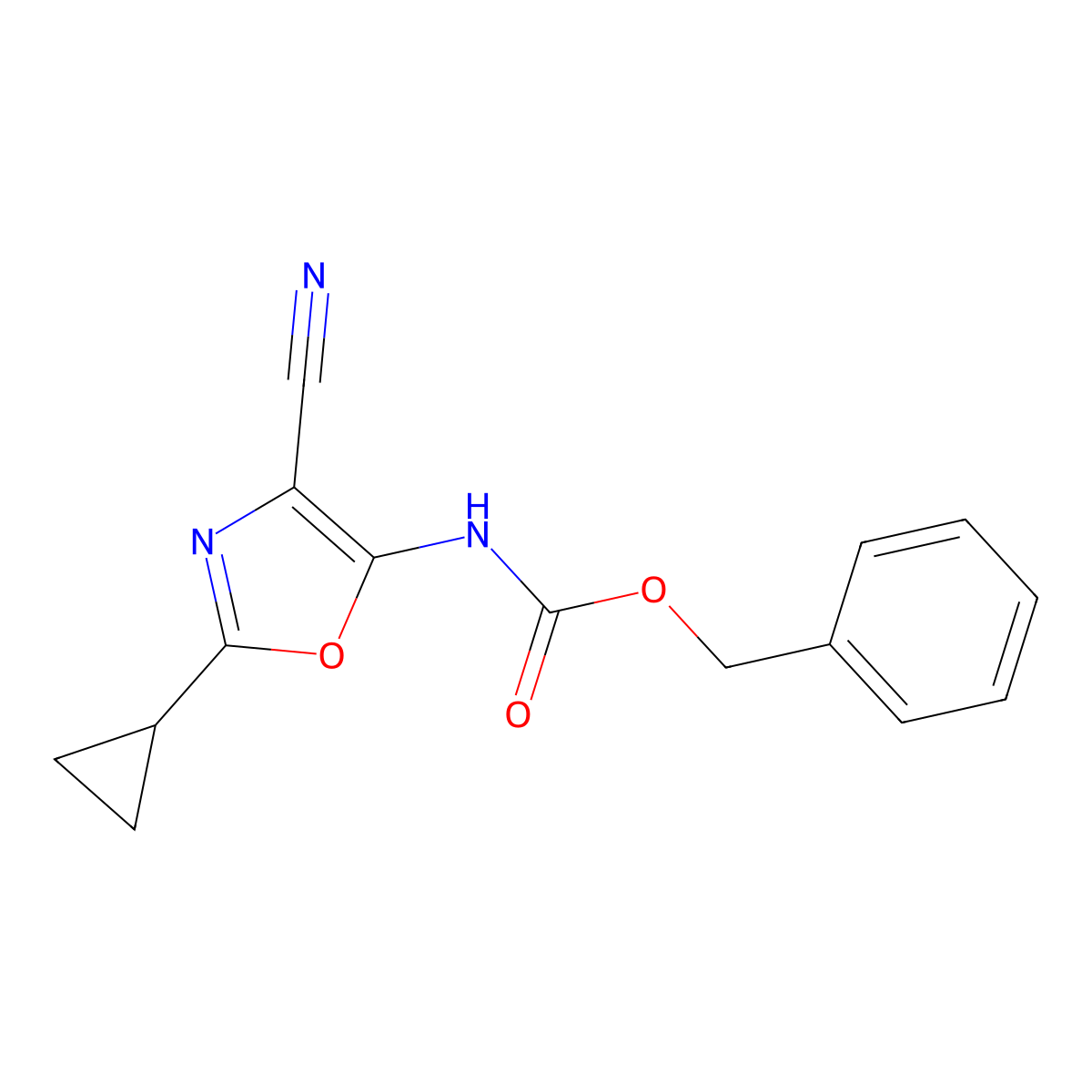 benzyl N-(4-cyano-2-cyclopropyl-1,3-oxazol-5-yl)carbamate molecular structure, CAS 2680866-53-7