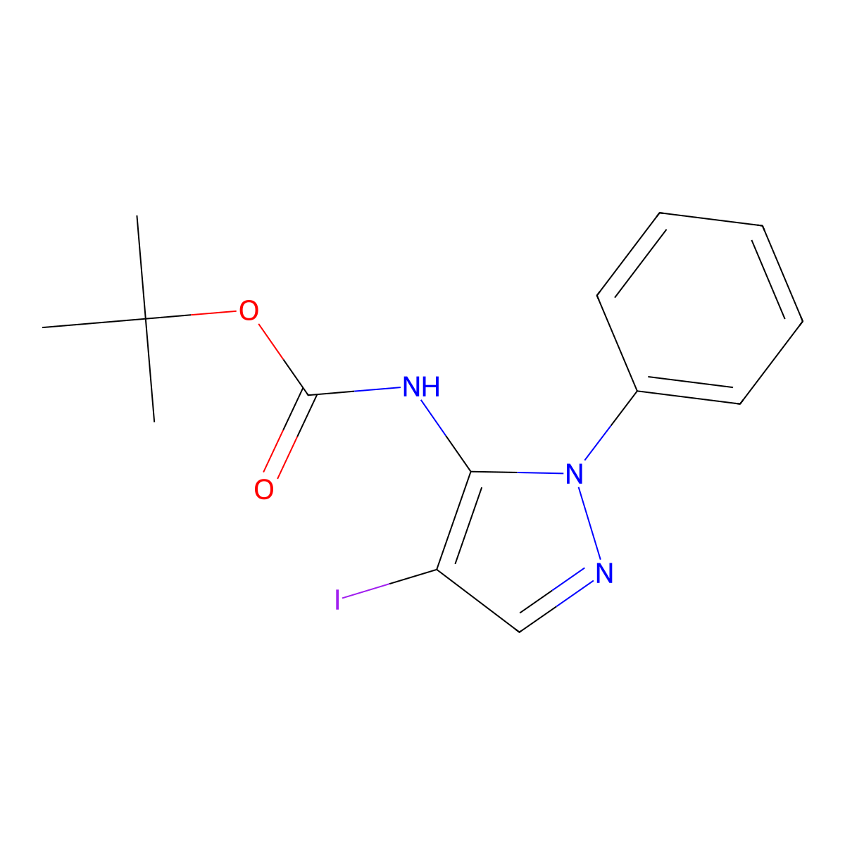 tert-butyl N-(4-iodo-1-phenyl-1H-pyrazol-5-yl)carbamate molecular structure, CAS 2680866-81-1