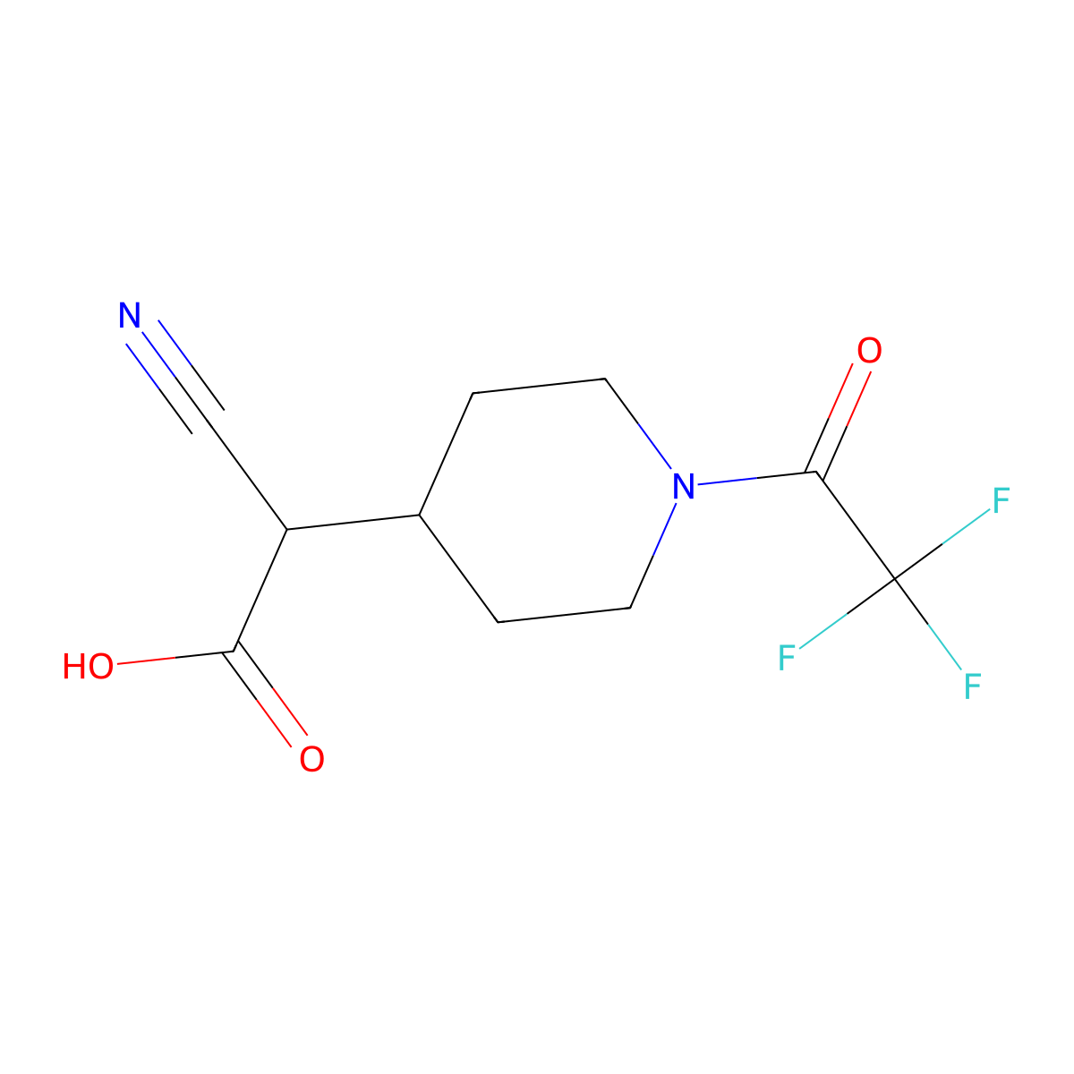 2-Cyano-2-[1-(2,2,2-trifluoroacetyl)piperidin-4-yl]acetic acid molecular structure, CAS 2680867-25-6