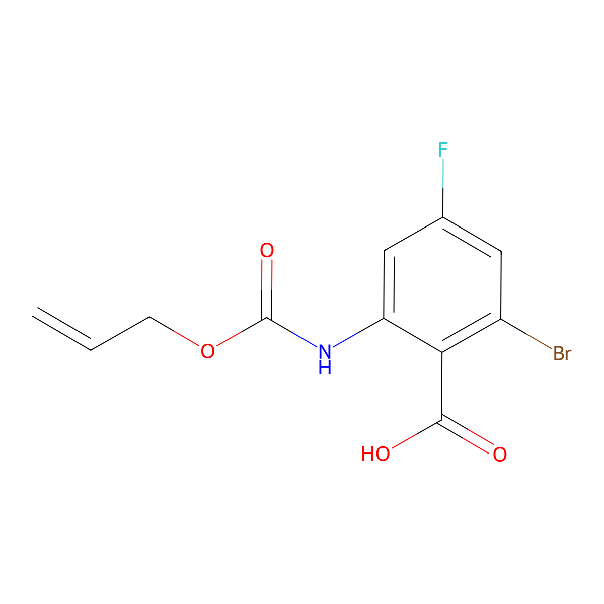 2-Bromo-4-fluoro-6-{[(prop-2-en-1-yloxy)carbonyl]amino}benzoic acid molecular structure, CAS 2680868-17-9