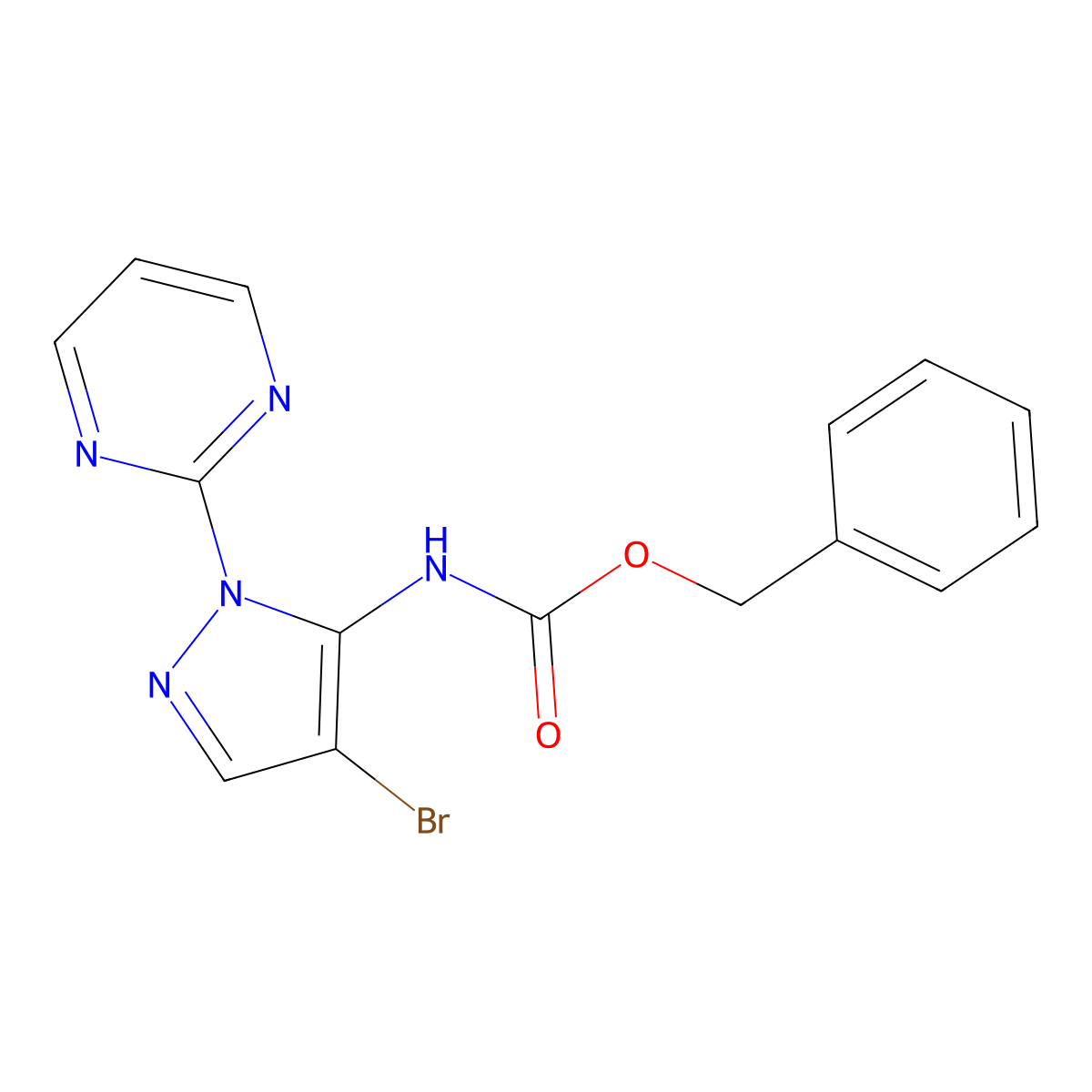 benzyl N-[4-bromo-1-(pyrimidin-2-yl)-1H-pyrazol-5-yl]carbamate molecular structure, CAS 2680868-24-8