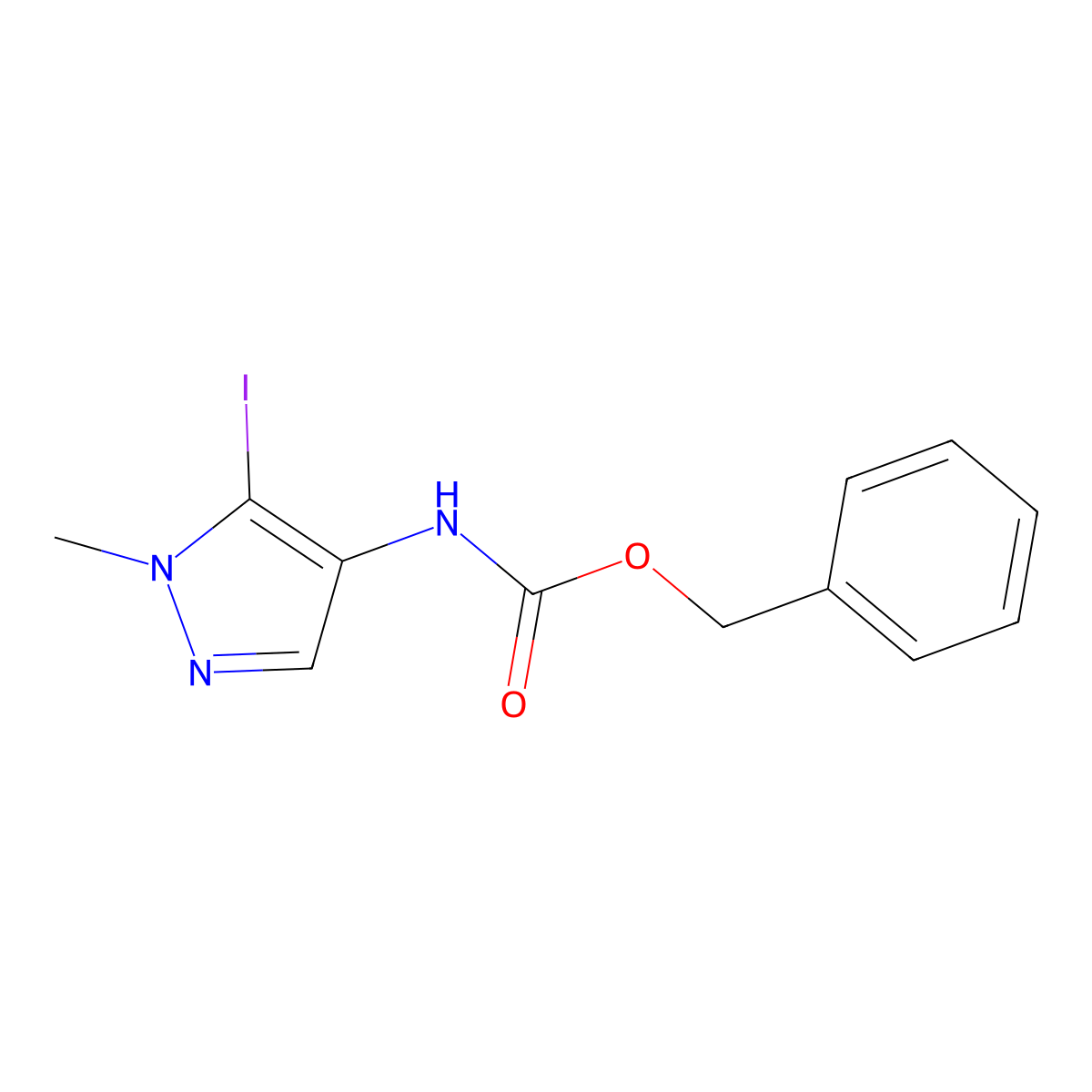 benzyl N-(5-iodo-1-methyl-1H-pyrazol-4-yl)carbamate molecular structure, CAS 2680868-73-7
