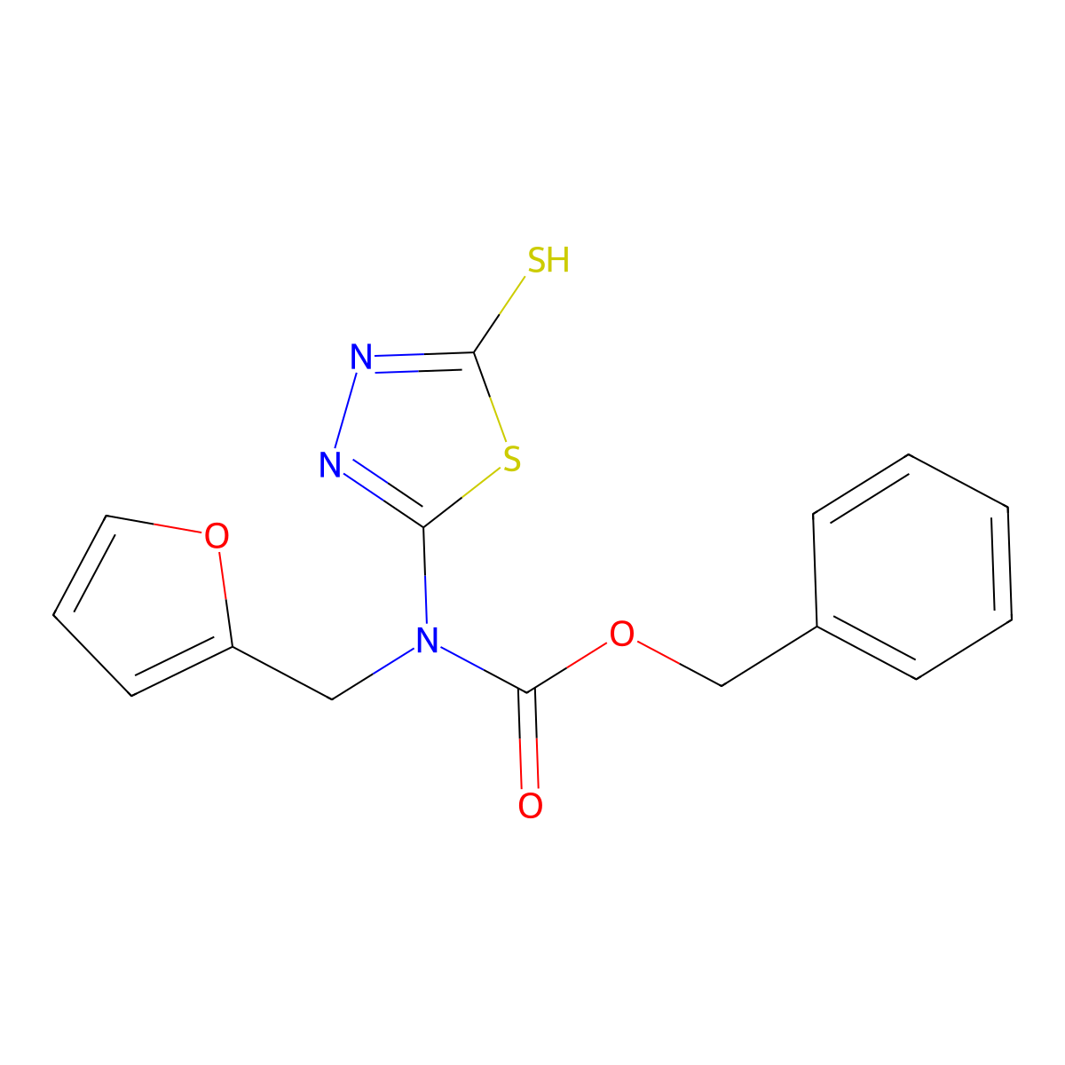 benzyl N-[(furan-2-yl)methyl]-N-(5-sulfanyl-1,3,4-thiadiazol-2-yl)carbamate molecular structure, CAS 2680869-30-9