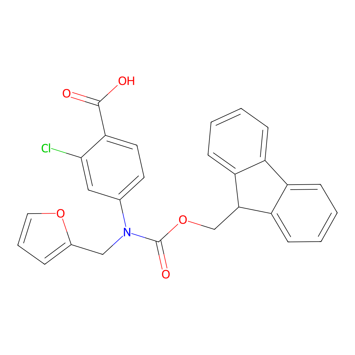 2-chloro-4-({[(9H-fluoren-9-yl)methoxy]carbonyl}[(furan-2-yl)methyl]amino)benzoic acid molecular structure, CAS 2680870-83-9