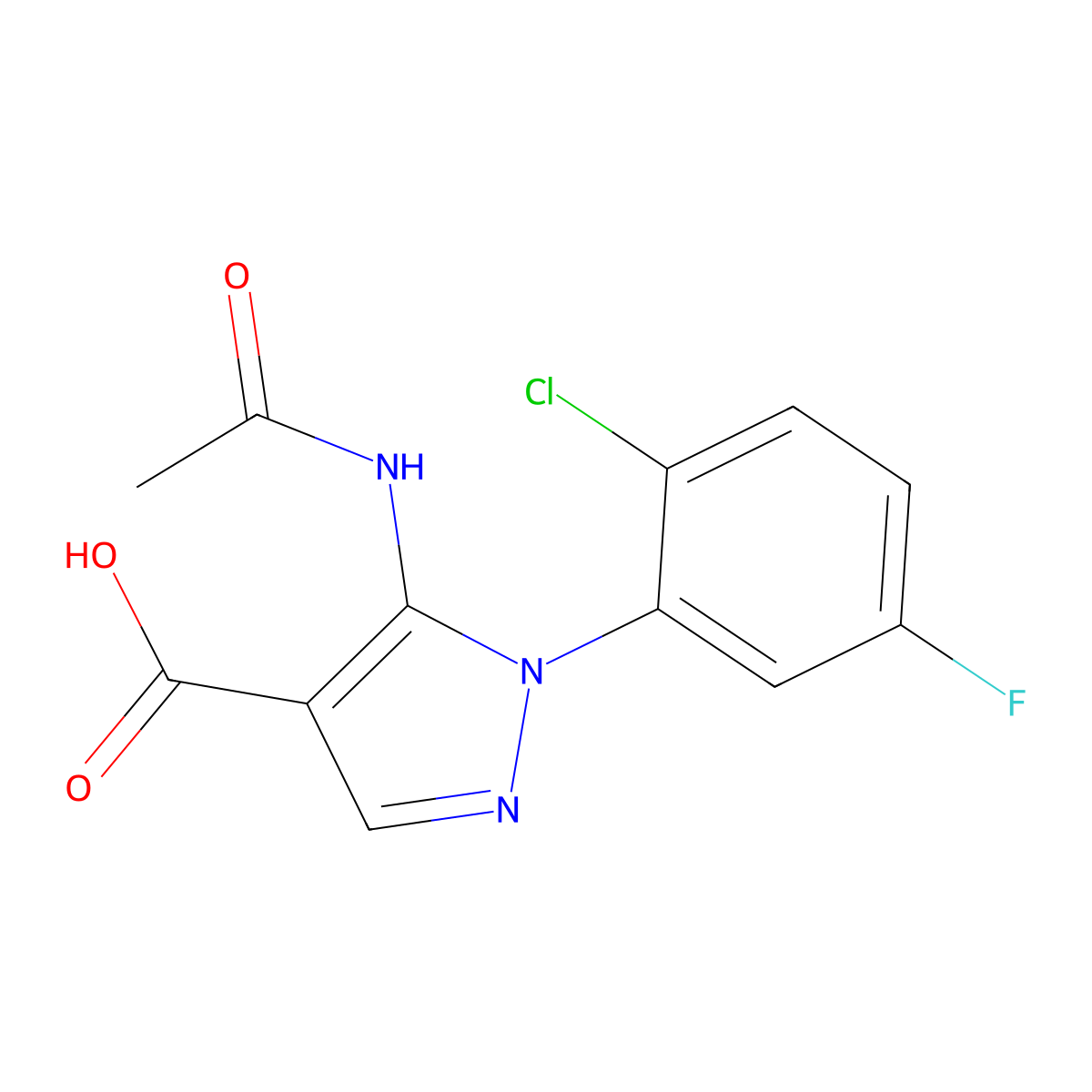 1-(2-chloro-5-fluorophenyl)-5-acetamido-1H-pyrazole-4-carboxylic acid molecular structure, CAS 2680871-20-7