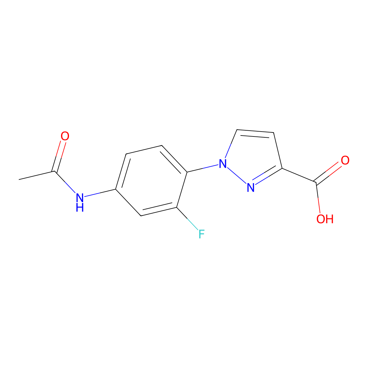 1-(4-acetamido-2-fluorophenyl)-1H-pyrazole-3-carboxylic acid molecular structure, CAS 2680871-35-4